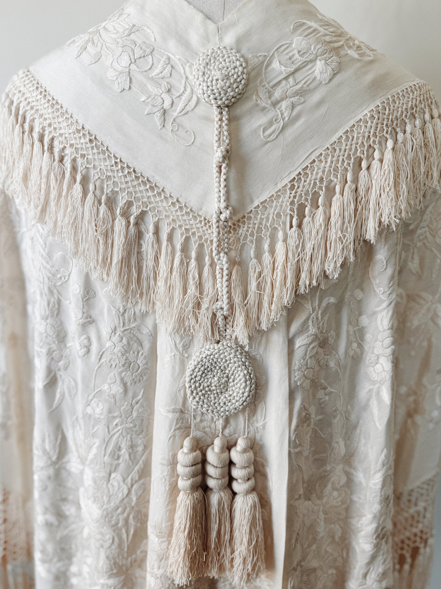 1920s Ivory Cantonese Silk Embroidered Shawl w/ Fringe + Tassels- S-M/L