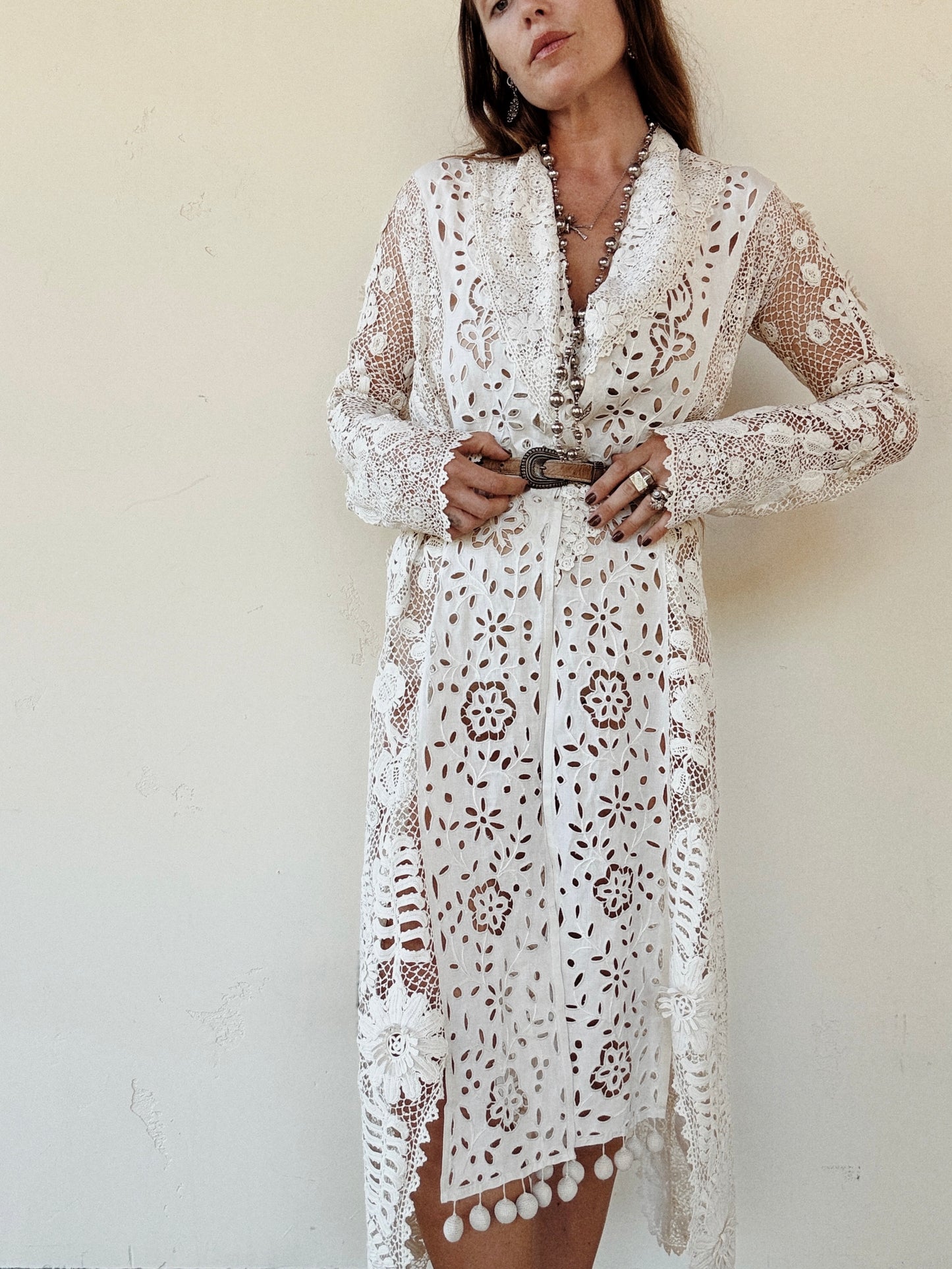 Rare Edwardian Irish Crochet Duster Coat w/ Pom Poms- M