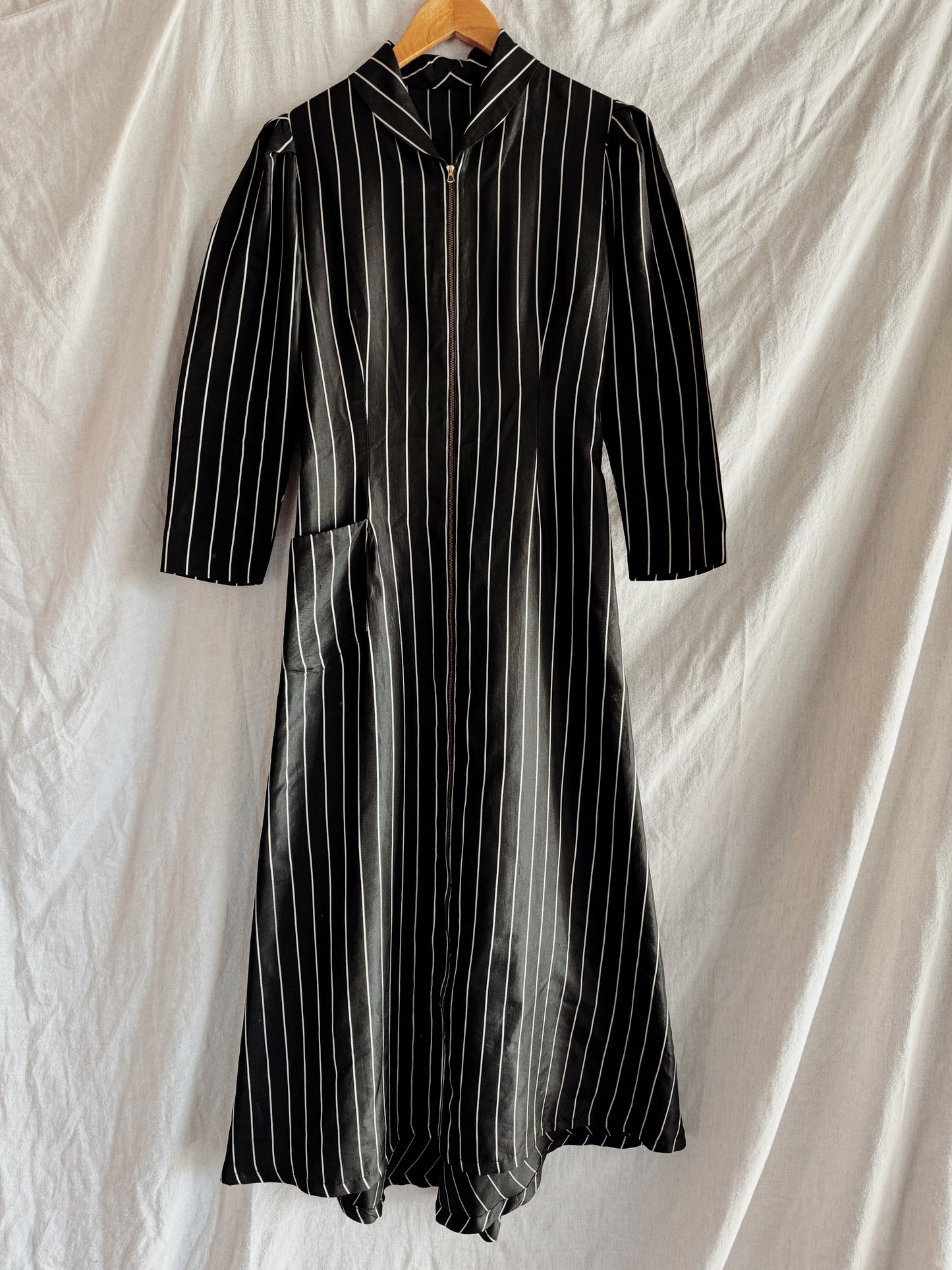 1940s Black Pinstripe Zipper Front Dressing Gown- S/M