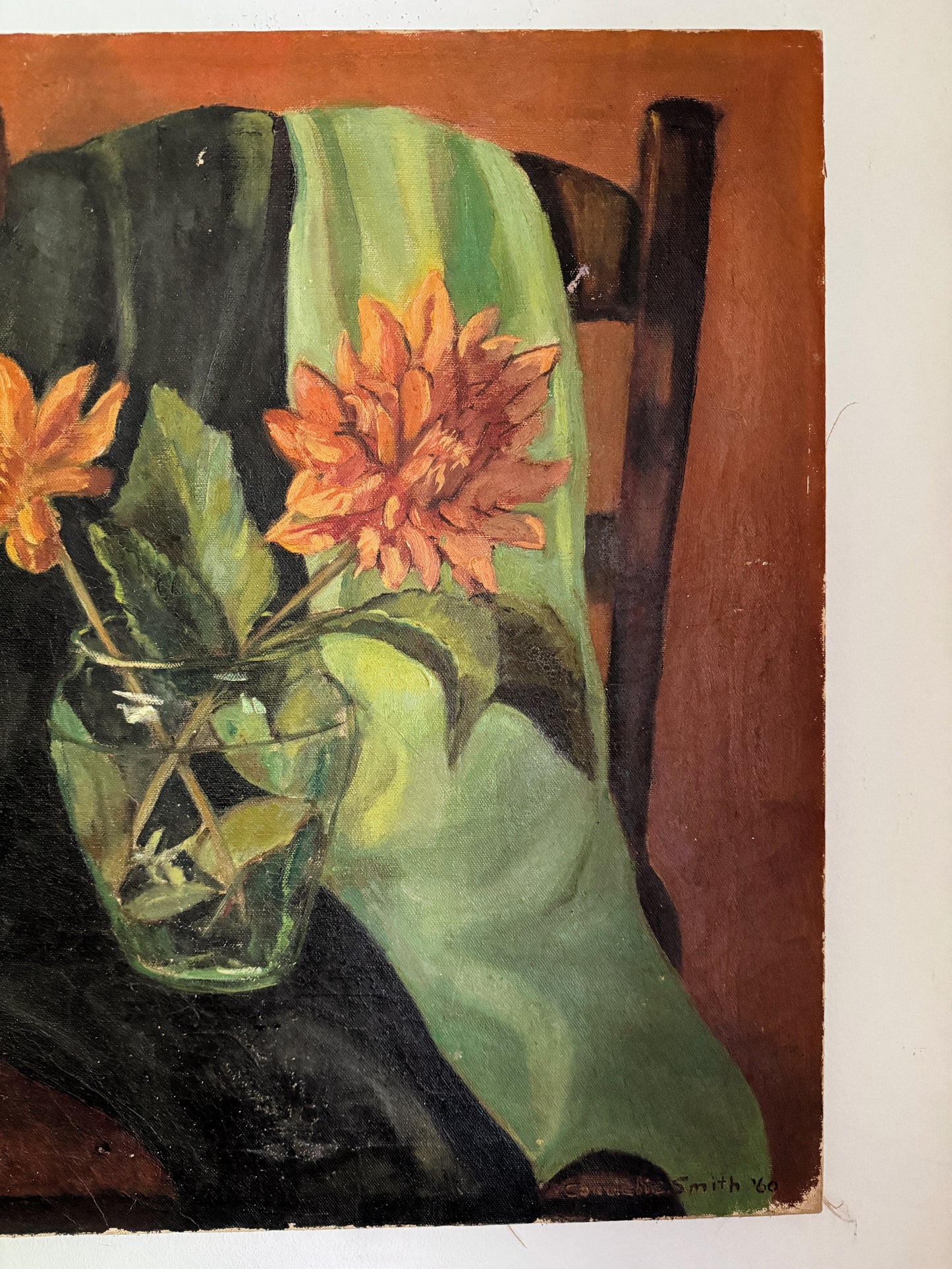 1960s Dahlia Floral Still Life - Oil on Canvas- 16 x 20”