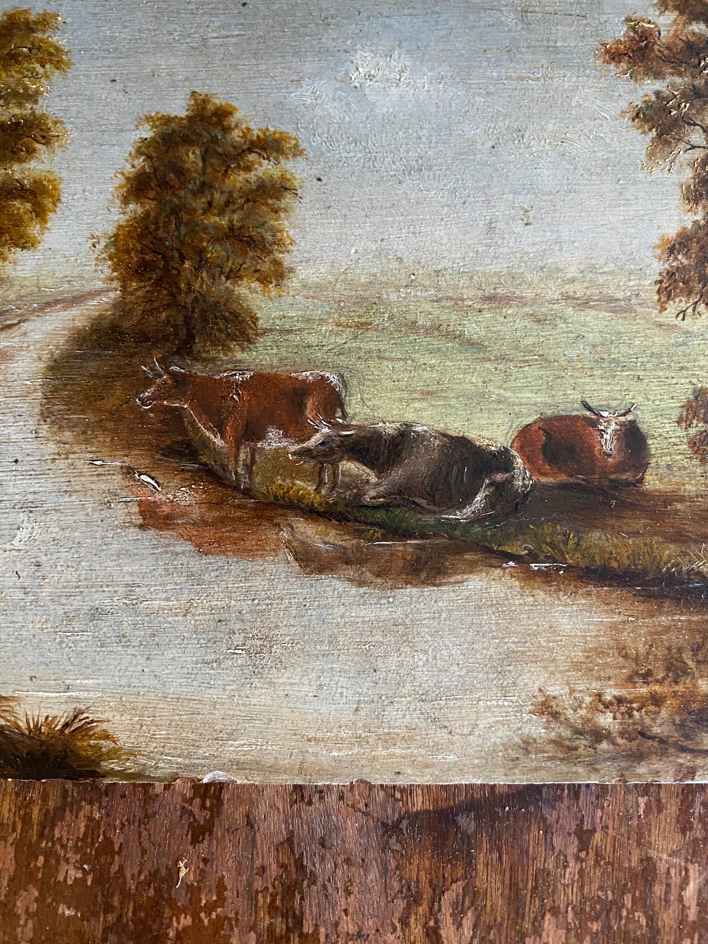 19th C. Petite English Pastoral Country Scene w/ Cows- 7x10”
