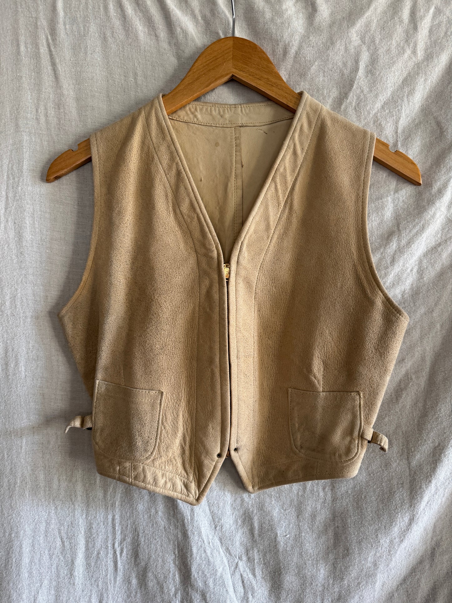 1930s Cropped Sand Suede Vest w/ Brass Talon Grommet Zip + Side Cinches- S