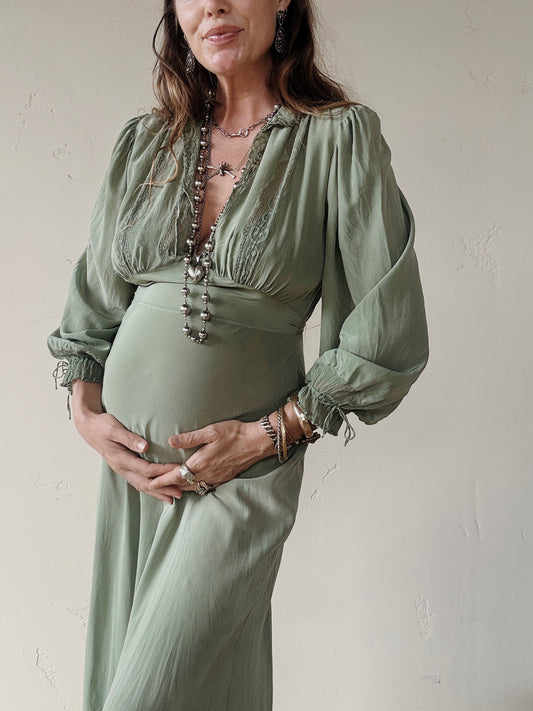 1930s Juniper Green Embroidered Silk Gown w/ Crinkle Chiffon Inserts- S-S/M