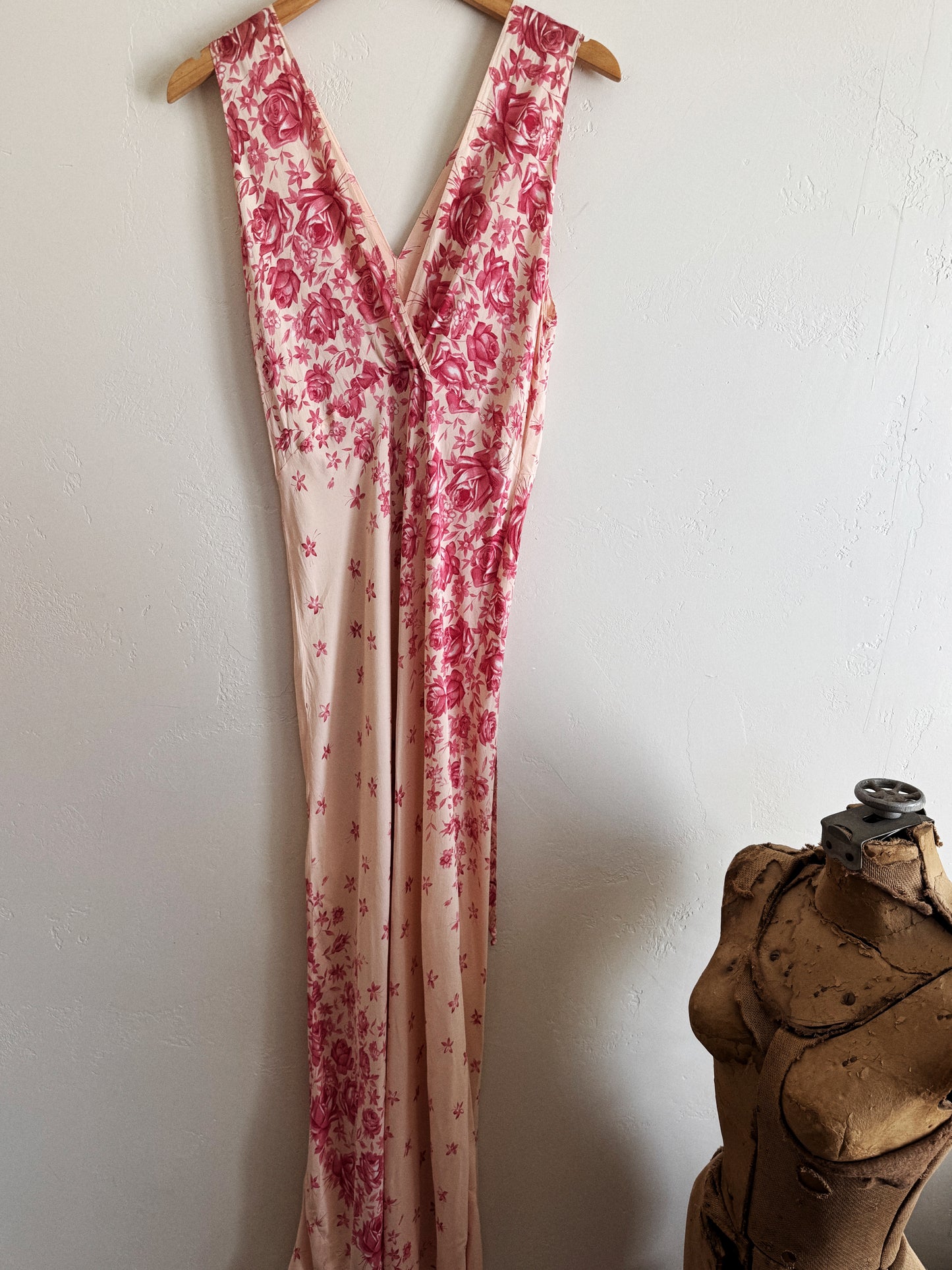 1940s Unique Asymmetrical Rose Printed Slip Dress w/ Tie- M/L
