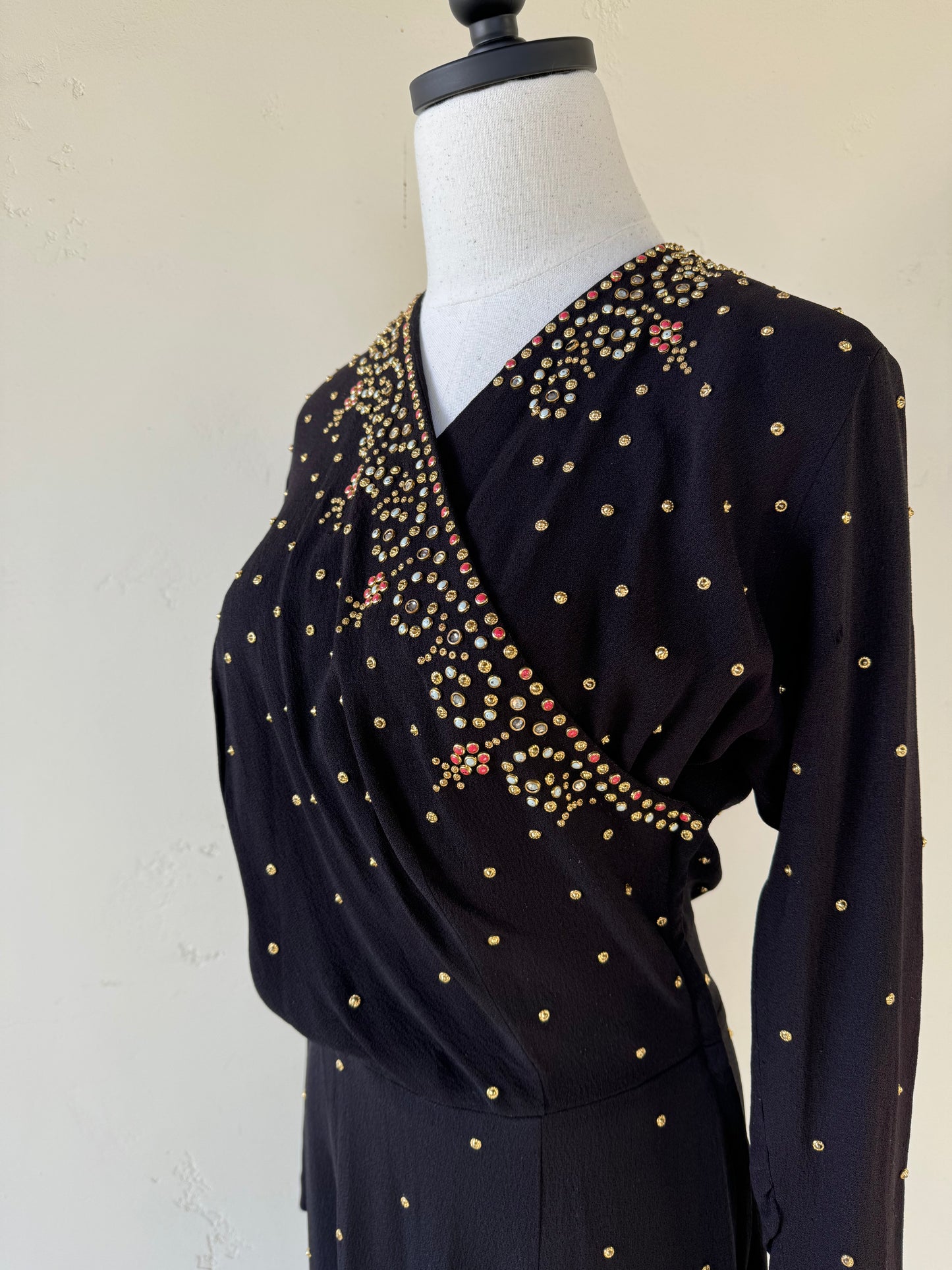 1940s Heavily Encrusted Rhinestone + Studded Crepe Evening Gown- M/L