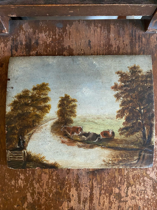 19th C. Petite English Pastoral Country Scene w/ Cows- 7x10”