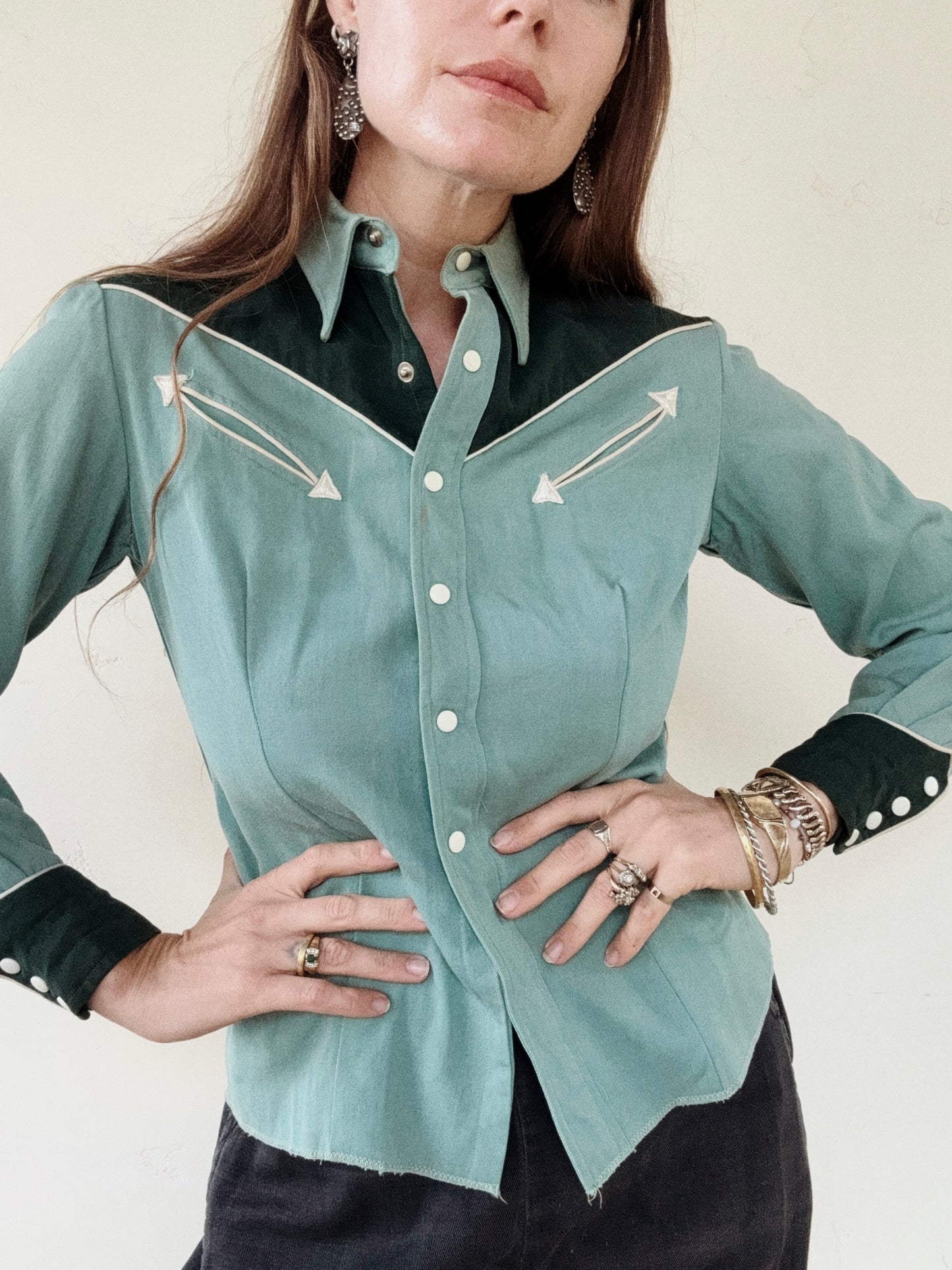 1950s Emerald + Sage Gabardine Western Top- S/M