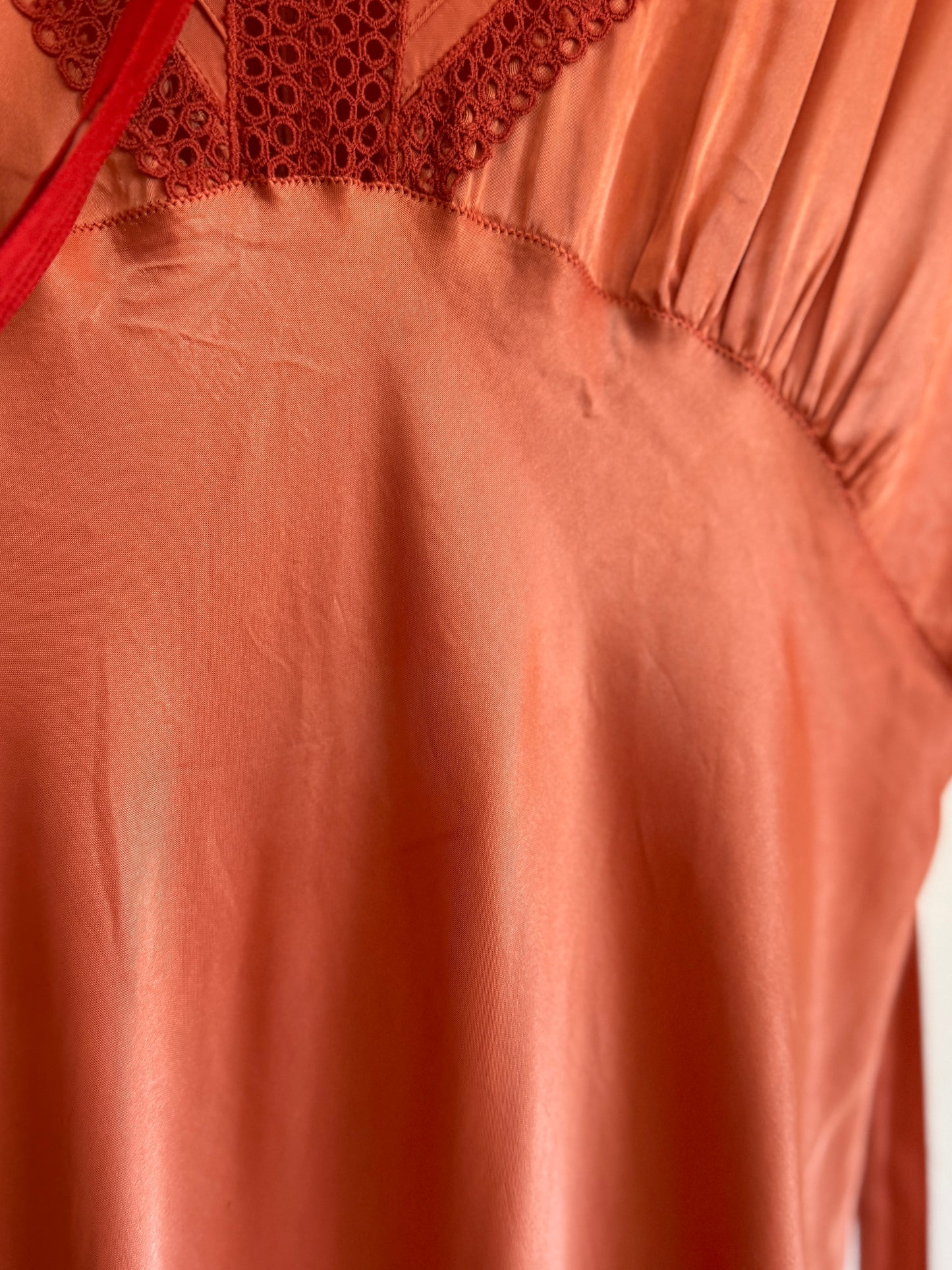 1940s Rusty Coral Rayon Slip Dress w/ Circular Lace- S-S/M