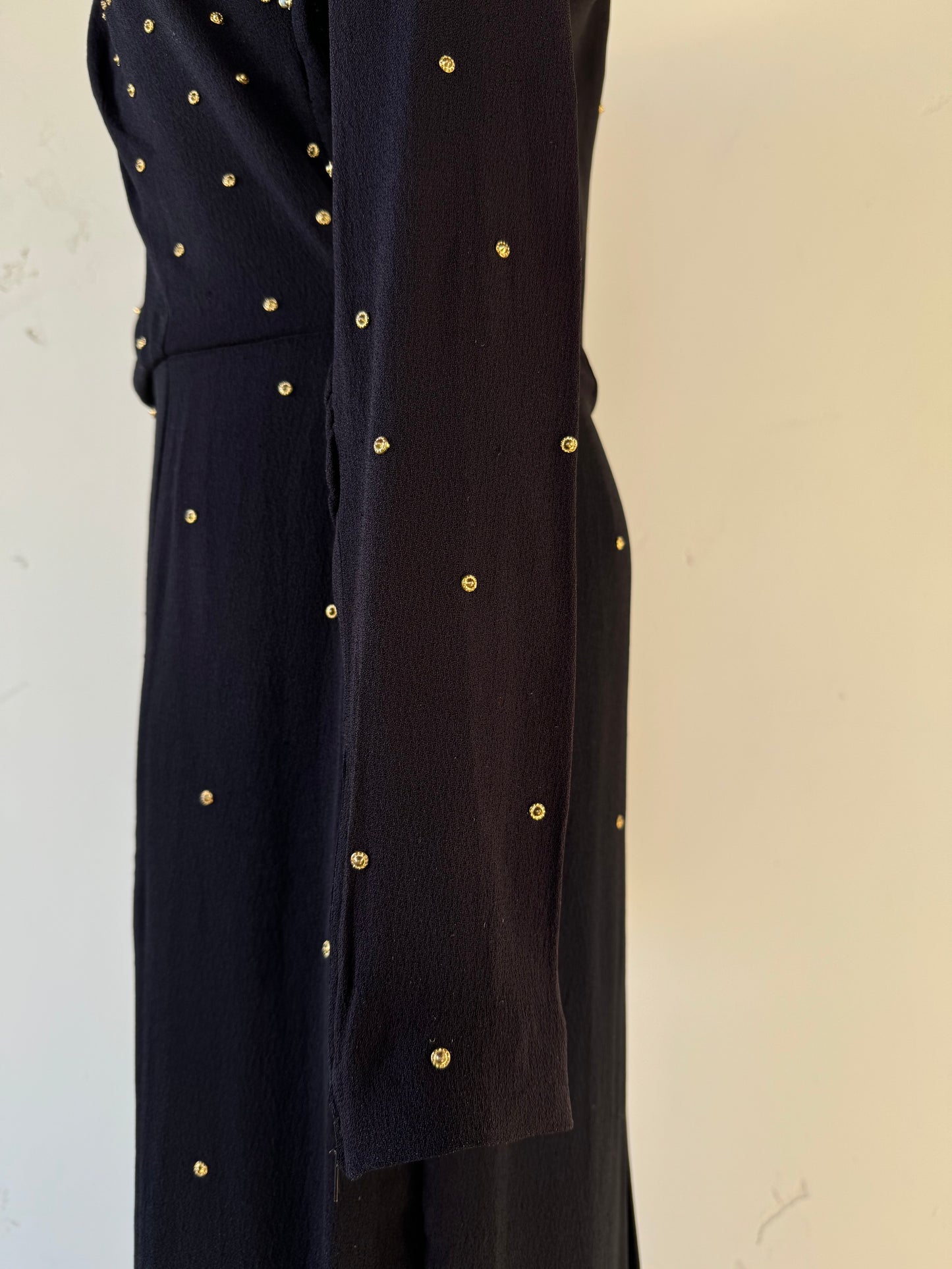 1940s Heavily Encrusted Rhinestone + Studded Crepe Evening Gown- M/L