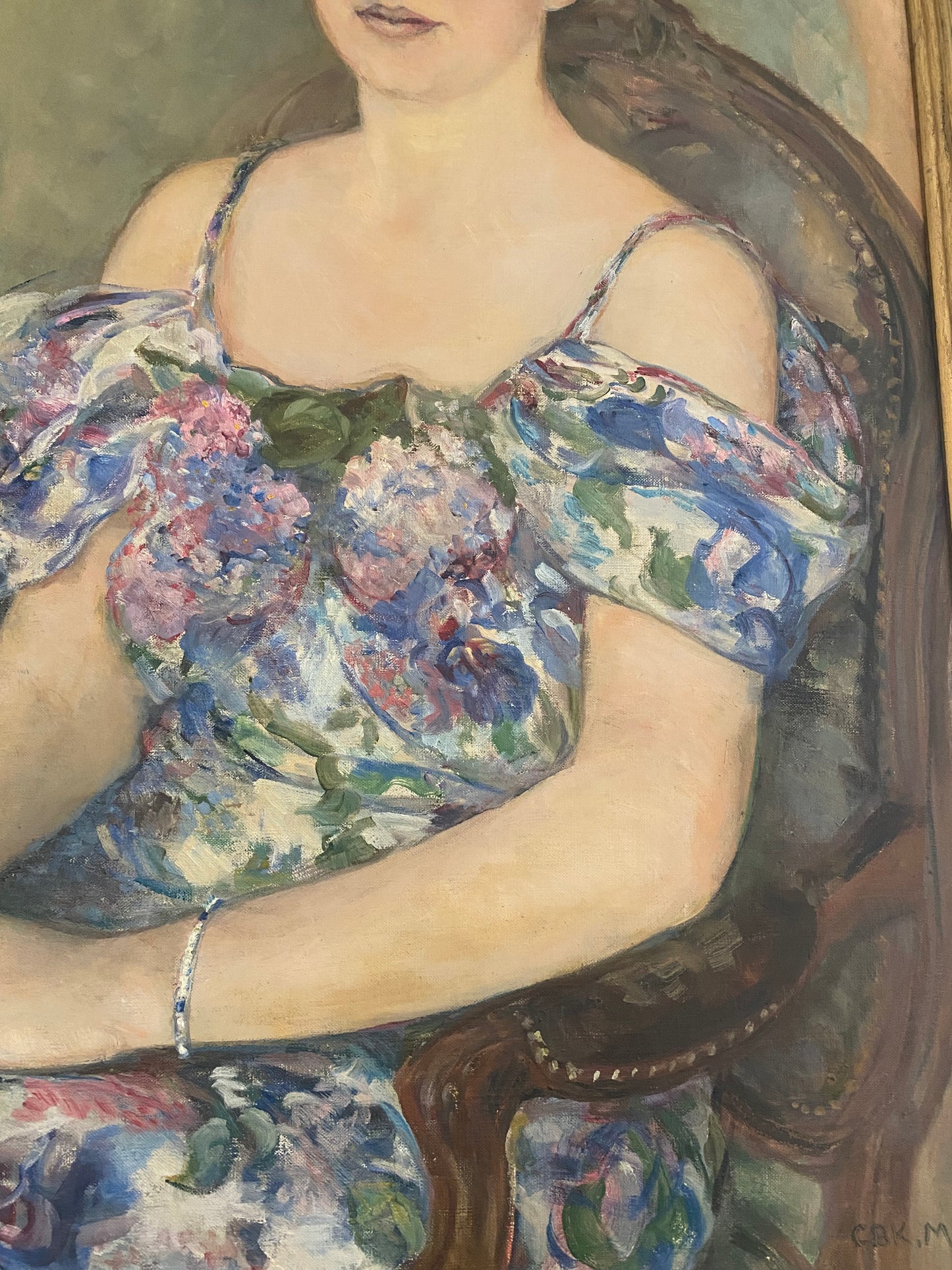 1930s Large Sage + Violet Portrait of a Woman in Gilt Frame- 29 x 37”