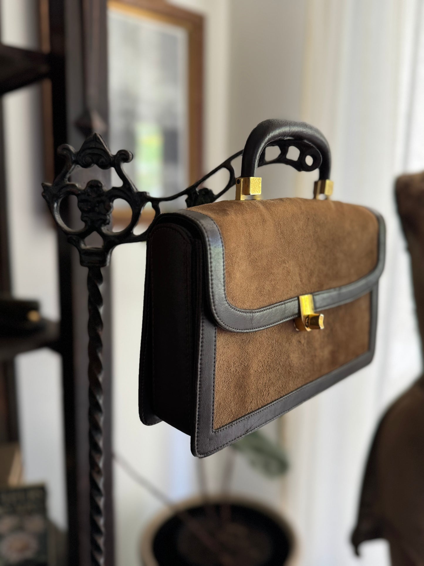 1950s/60s Camel Suede Top Handle Bag- S/M