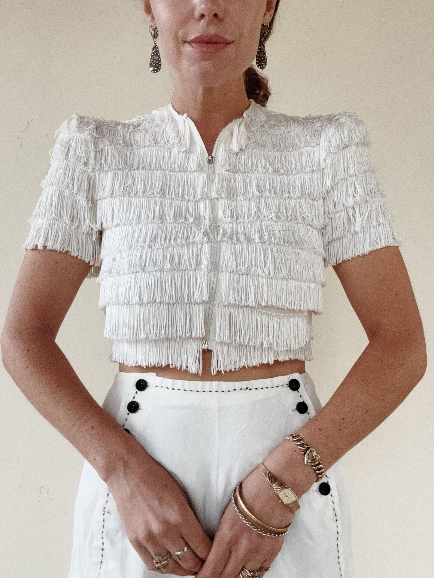 1930s Rare Cropped Tiered Fringe Zipper Front Top- S