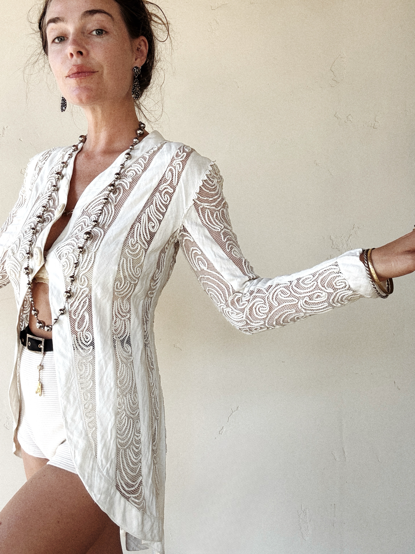 Edwardian White Linen + Net Soutache Jacket- S/M