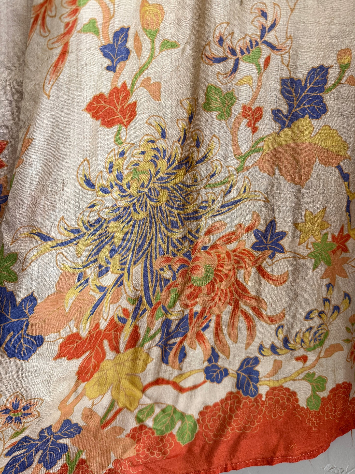 1920s Chartreuse Pongee Silk Duster w/ Chrysanthemum + Autumnal Leaves
