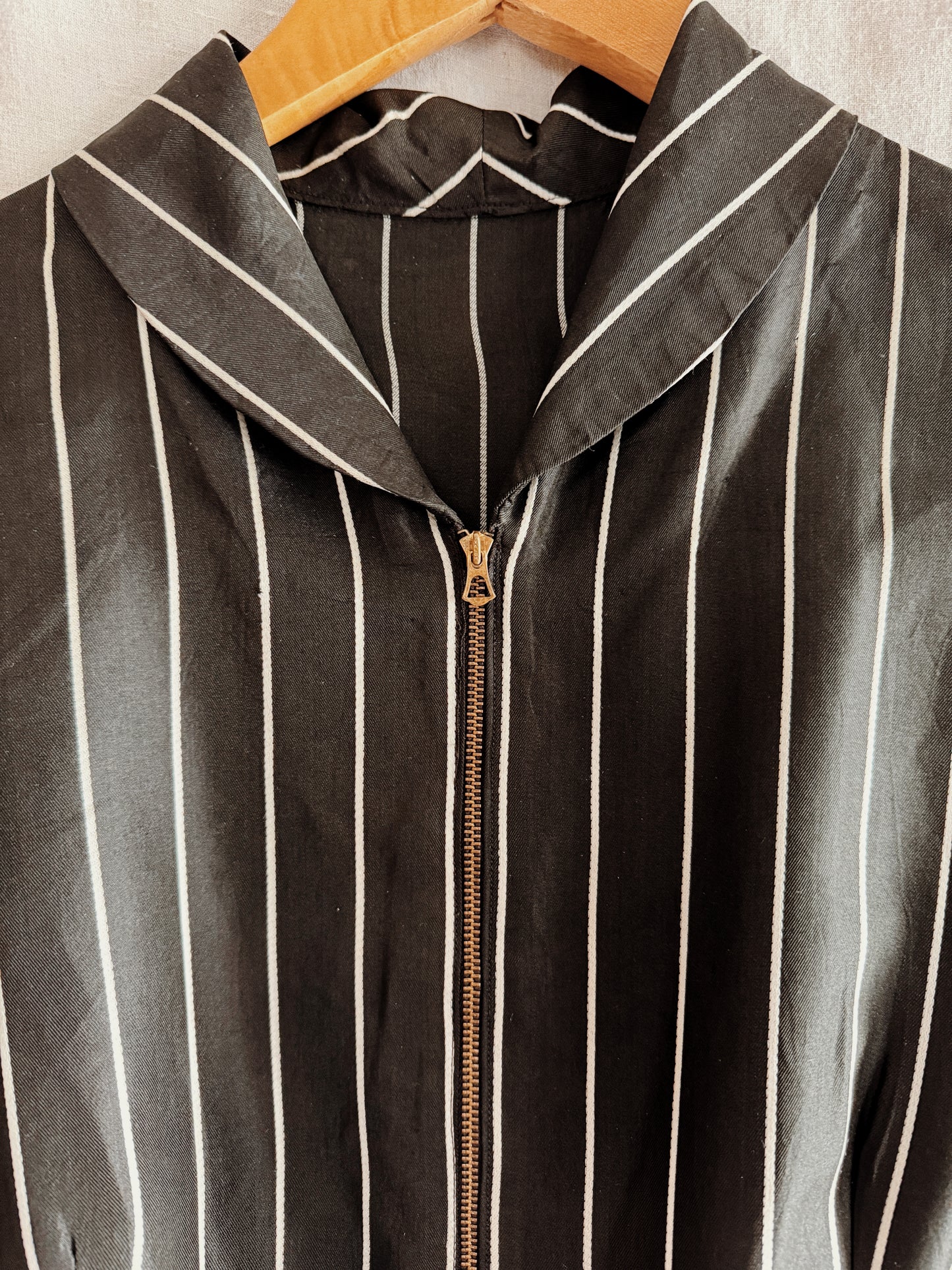1940s Black Pinstripe Zipper Front Dressing Gown- S/M