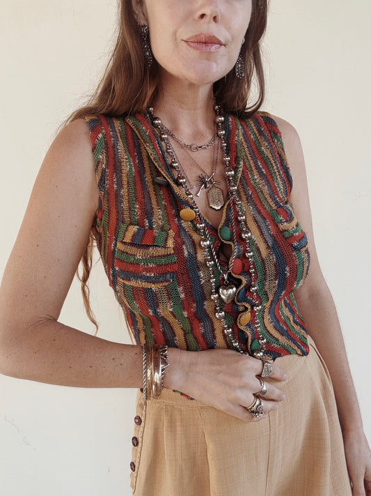 1930s Rare Clown Striped Crochet French Waistcoat Top- S- S/M