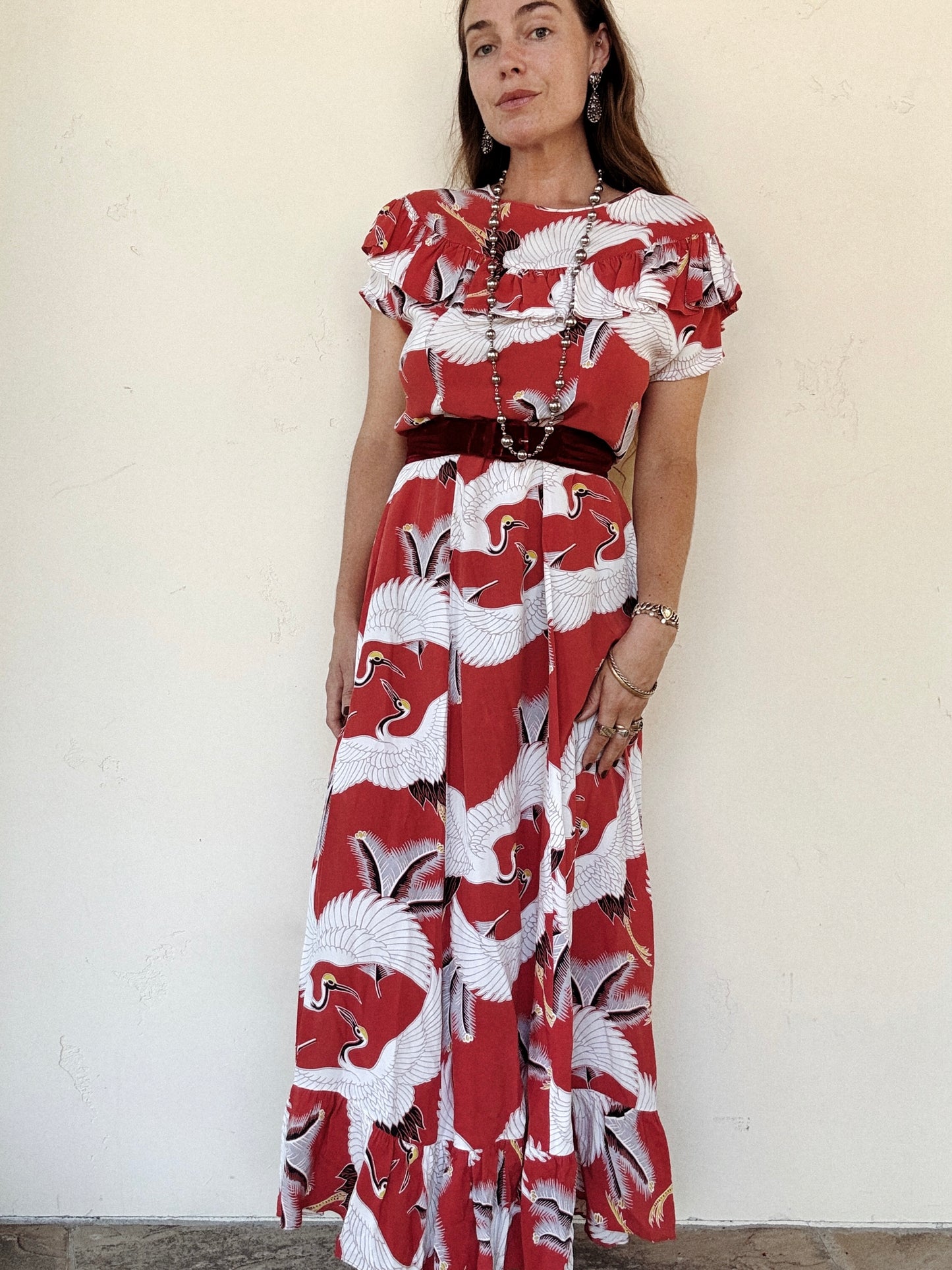 1940s Rare Red Crane Hawaiian Cold Rayon Dress- L