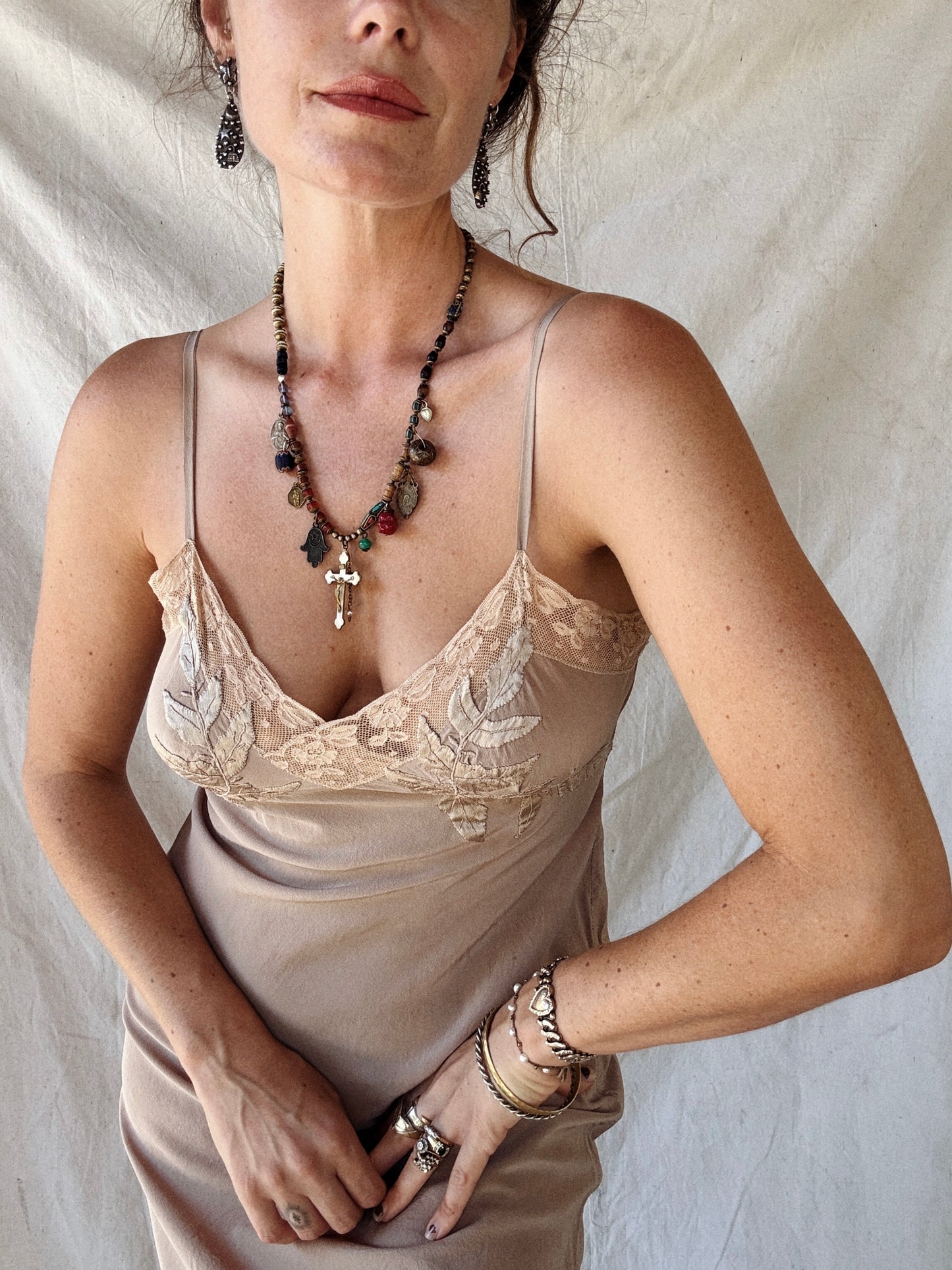 1930s Creamy Mocha Silk Slip Dress w/ Lace + Foliage Appliqué- S