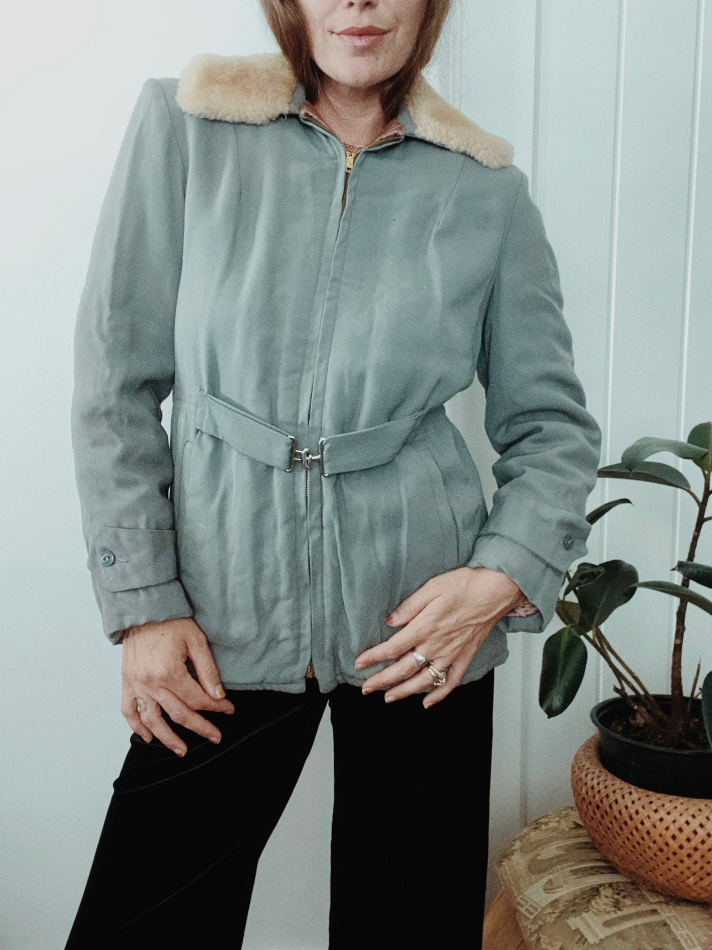 1940s Grey Gabardine Car Jacket w/ Fur Collar- M/L
