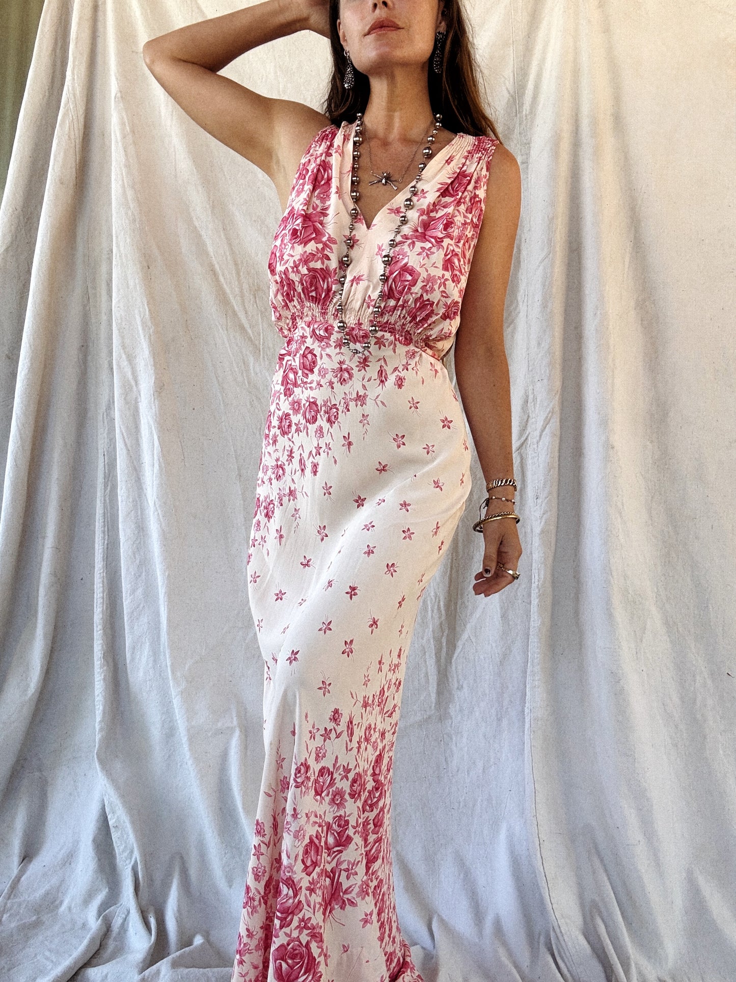 1940s Unique Asymmetrical Rose Printed Slip Dress w/ Tie- M/L