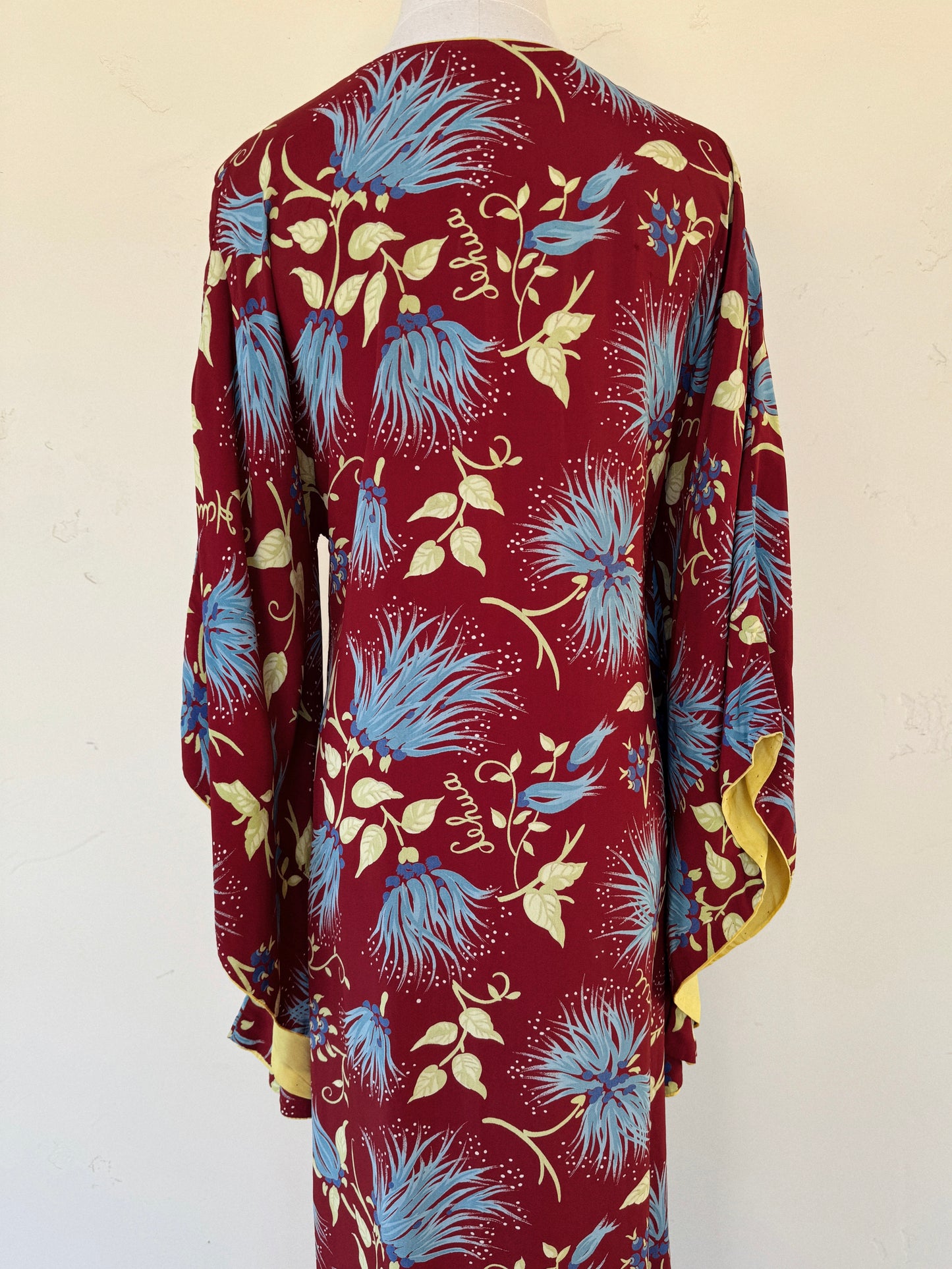 1940s Burgundy + Chartreuse Rayon Hawaiian Dress w/ Angel Sleeves- M