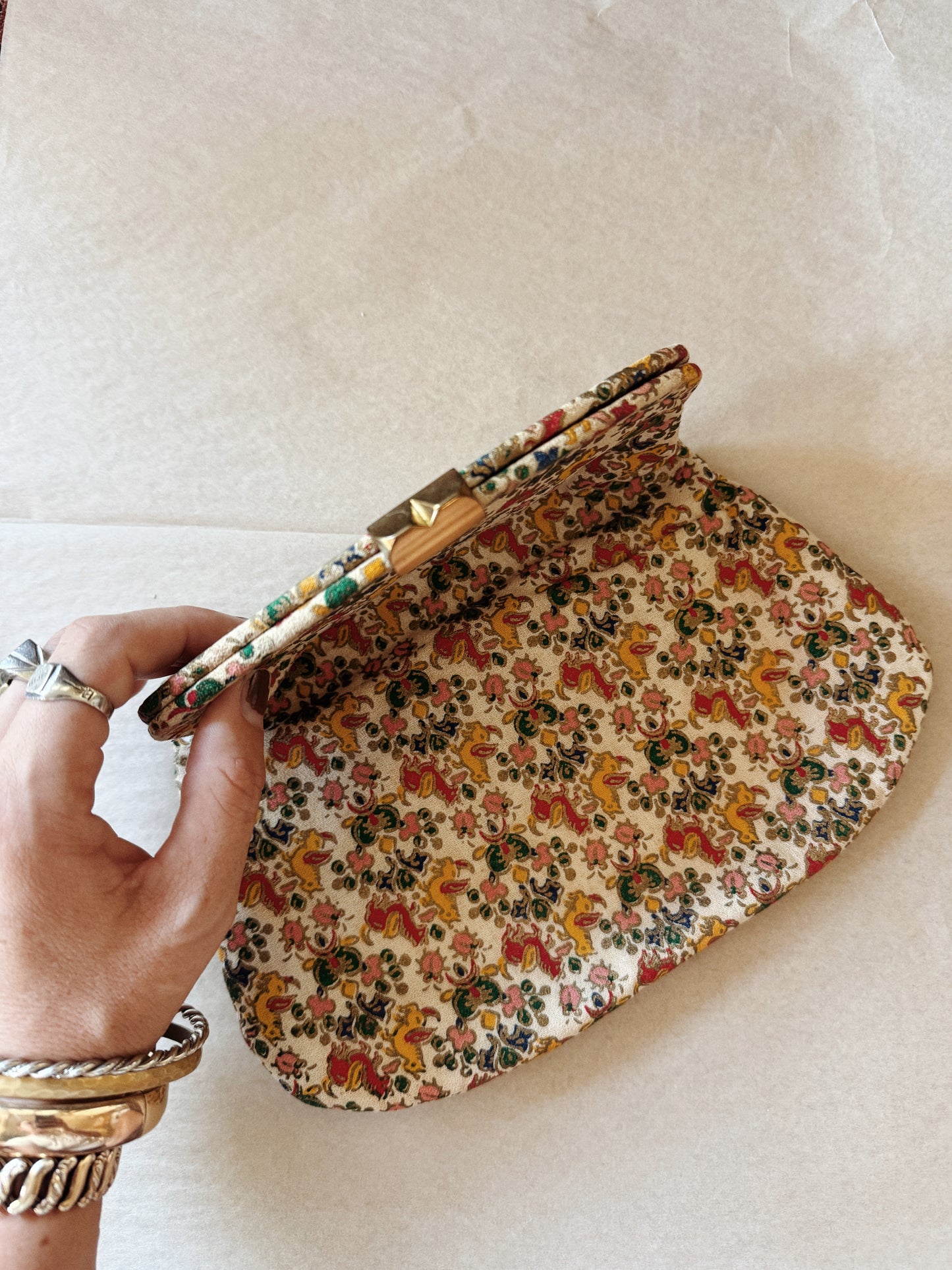 1940s Mythical Unicorn Bark Cloth Clutch w/ Stud Clasp