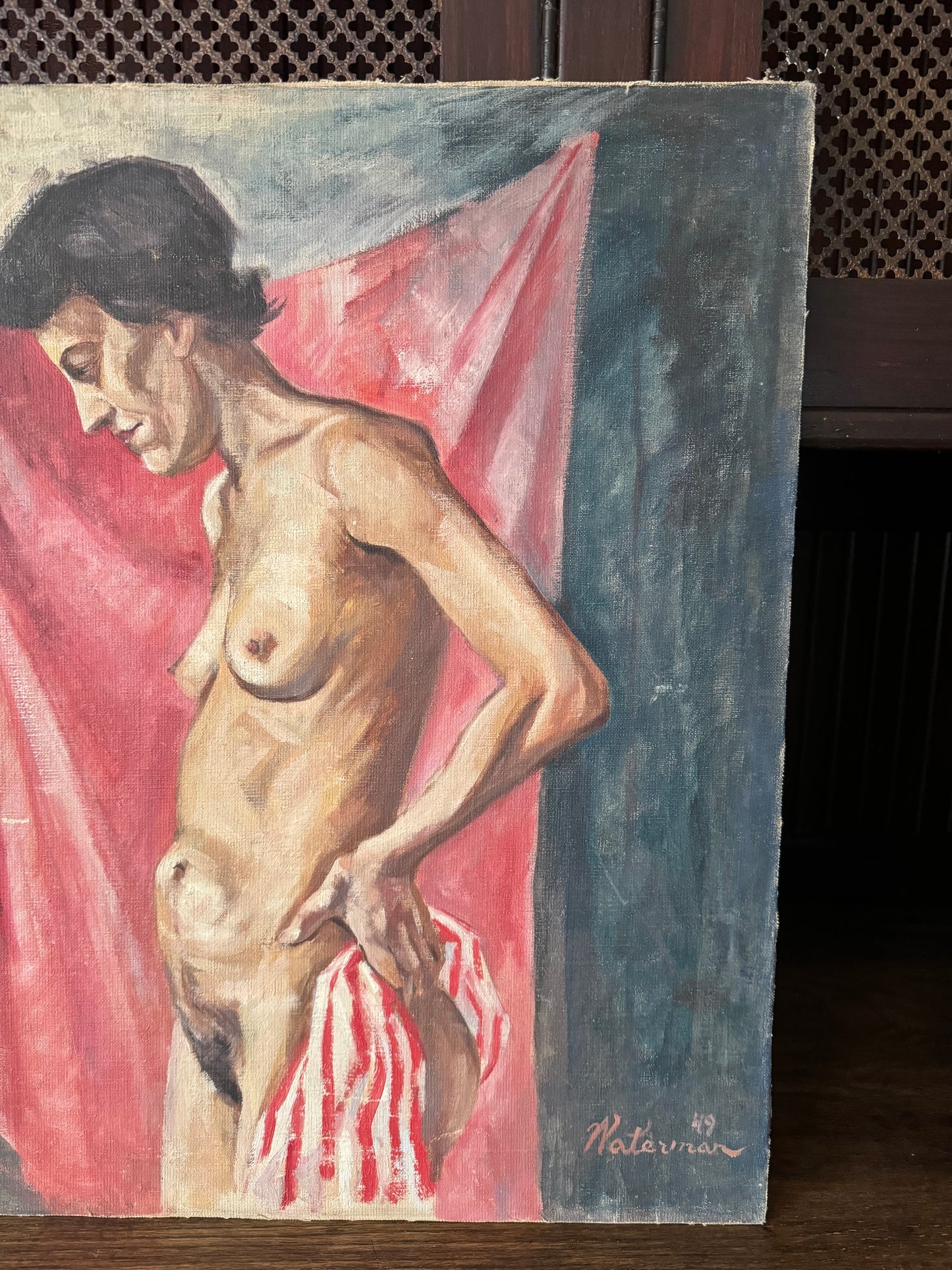 1940s Nude Painting of a Woman w/ Striped Towel Signed Waterman- 18x22”