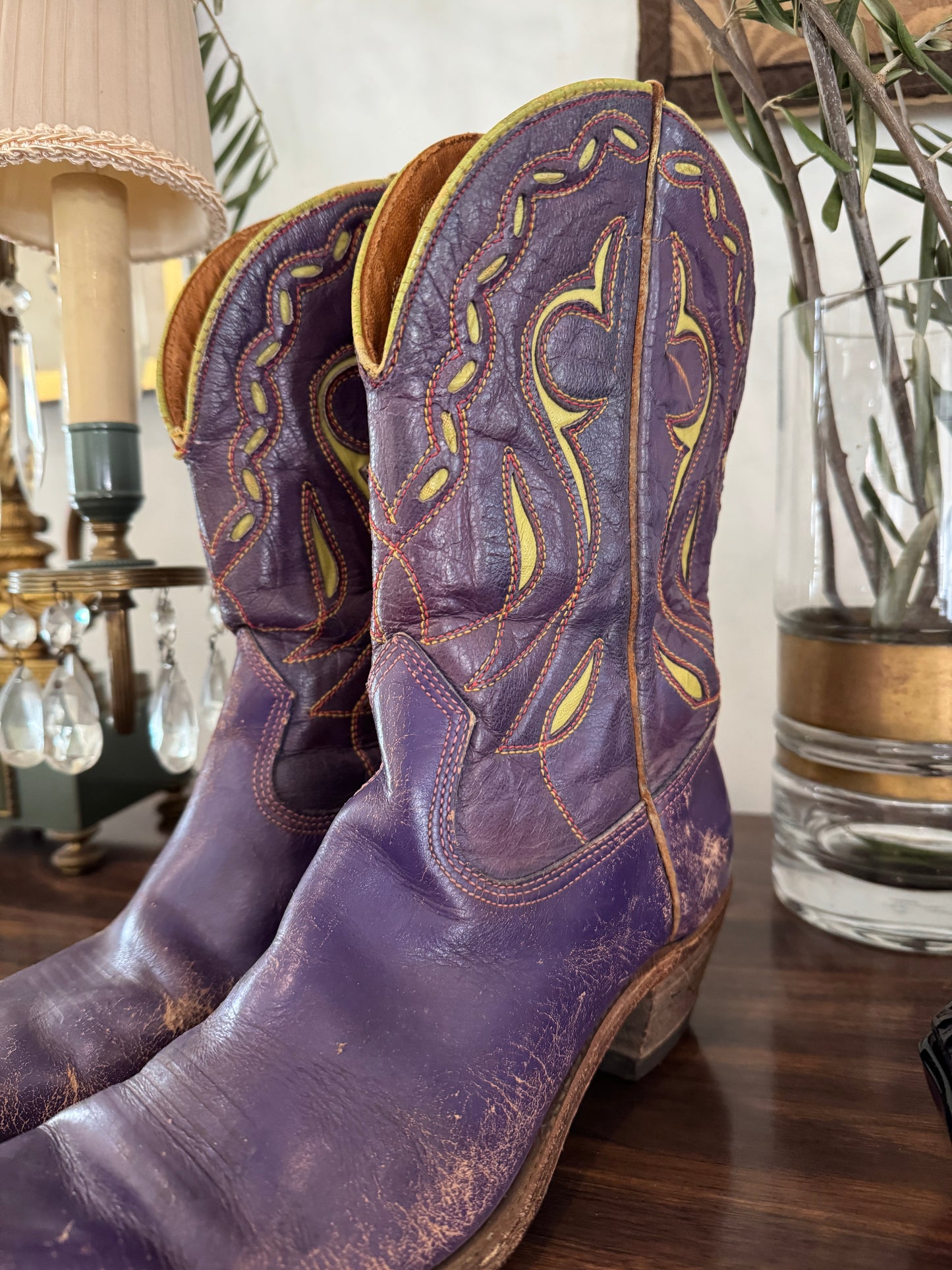 1950s Purple + Chartreuse Acme Inlay Cowboy Boots- 6