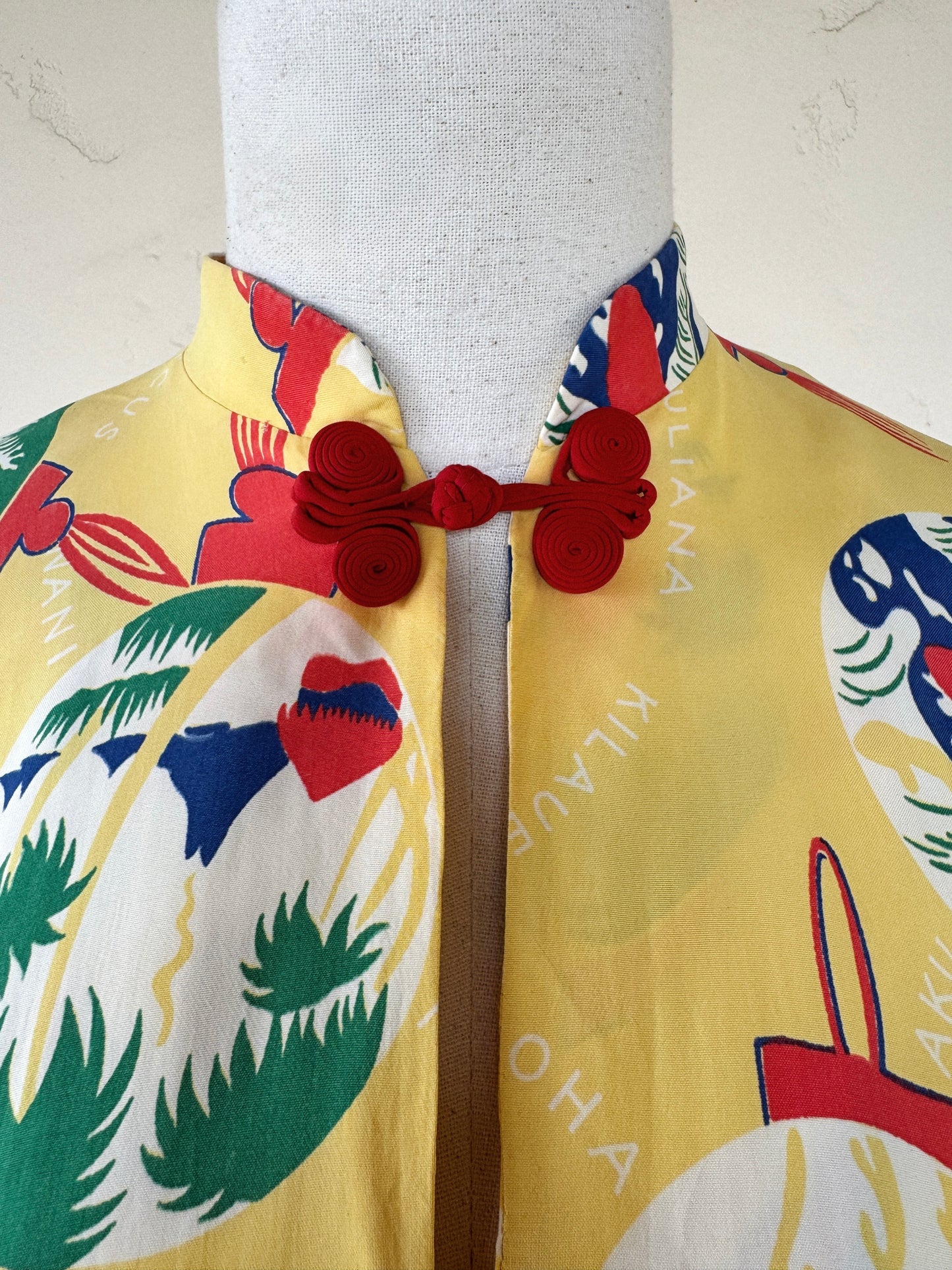 1940s Yellow Cold Rayon Hawaiian Pake Muu Dress- M/L