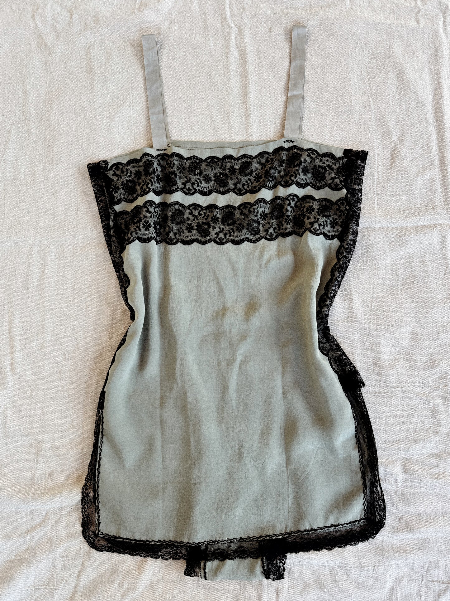 1920s Dove Grey Silk + Black Lace Step-In w/ Red Flower- M/L