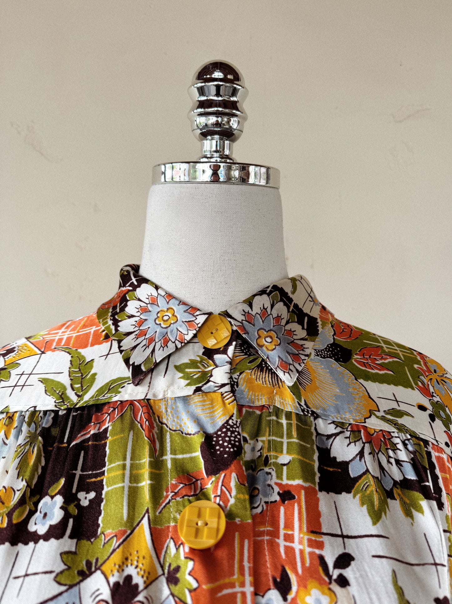 1940s Chartreuse + Orange Passionflower Satin Smock Jacket