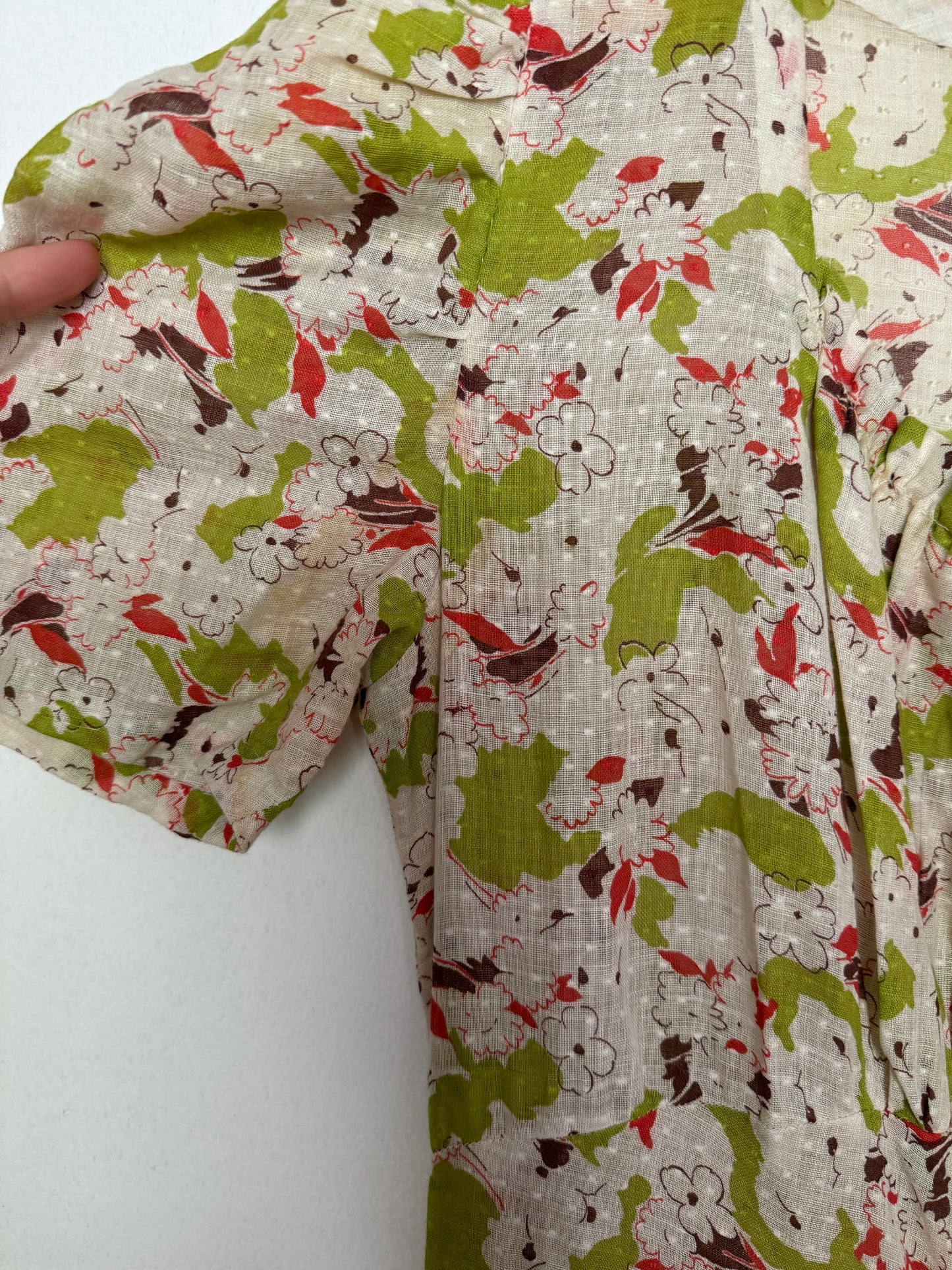1930s Cotton Voile Lime Abstract Print Dress w/ Puffed Shoulders- S