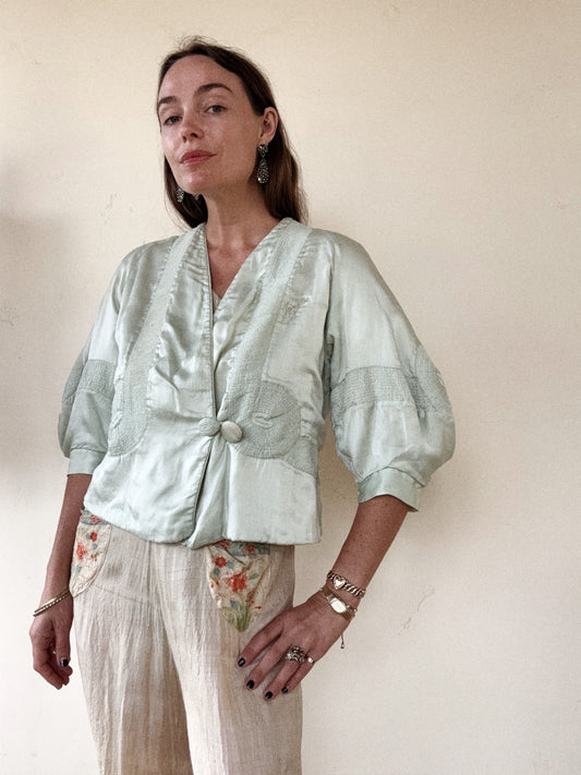 1920s Sea Foam Charmeuse Silk Jacket- S-M
