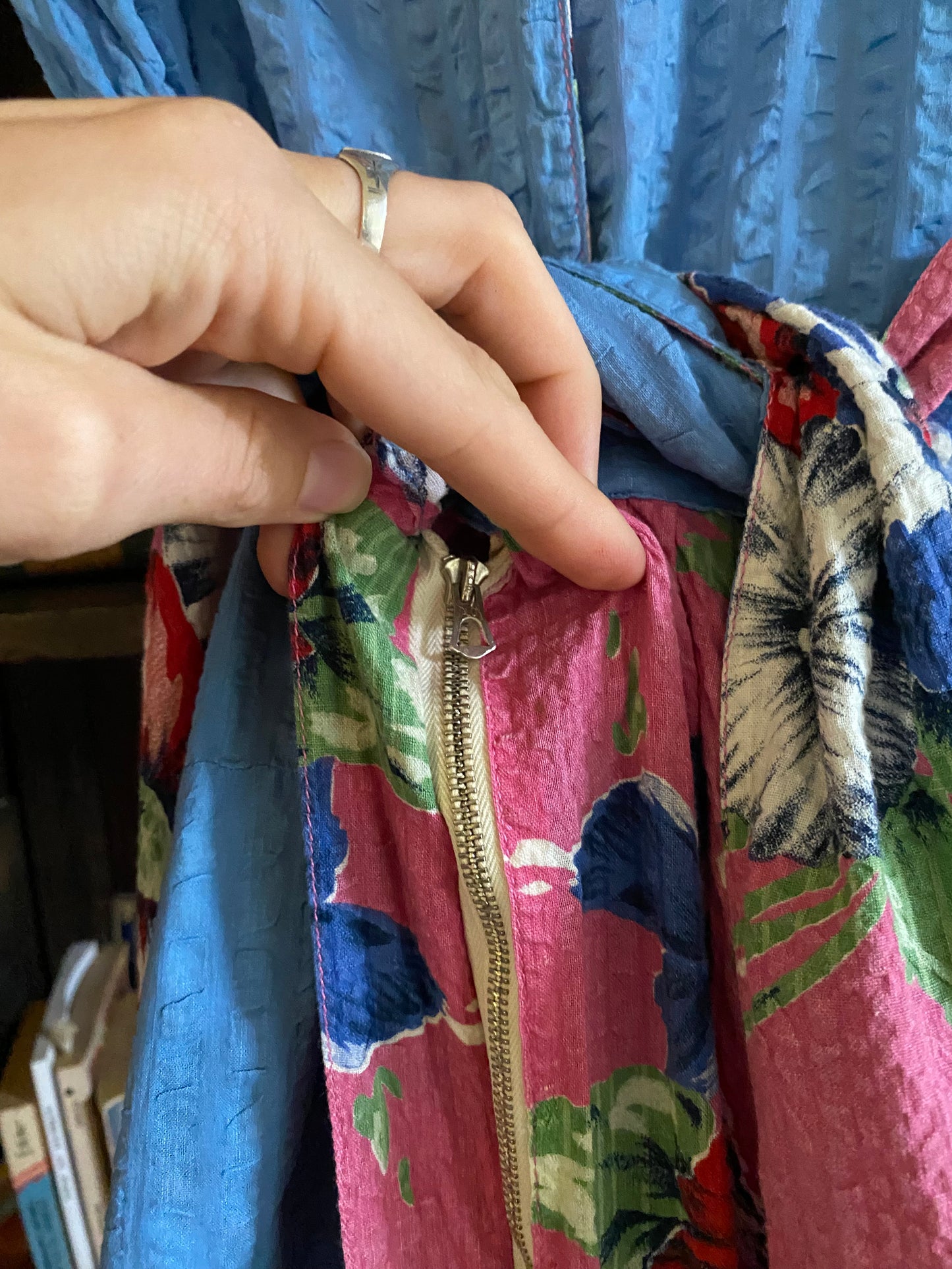 1930s/40s Blue + Pink Floral Seersucker Hostess Dress- M