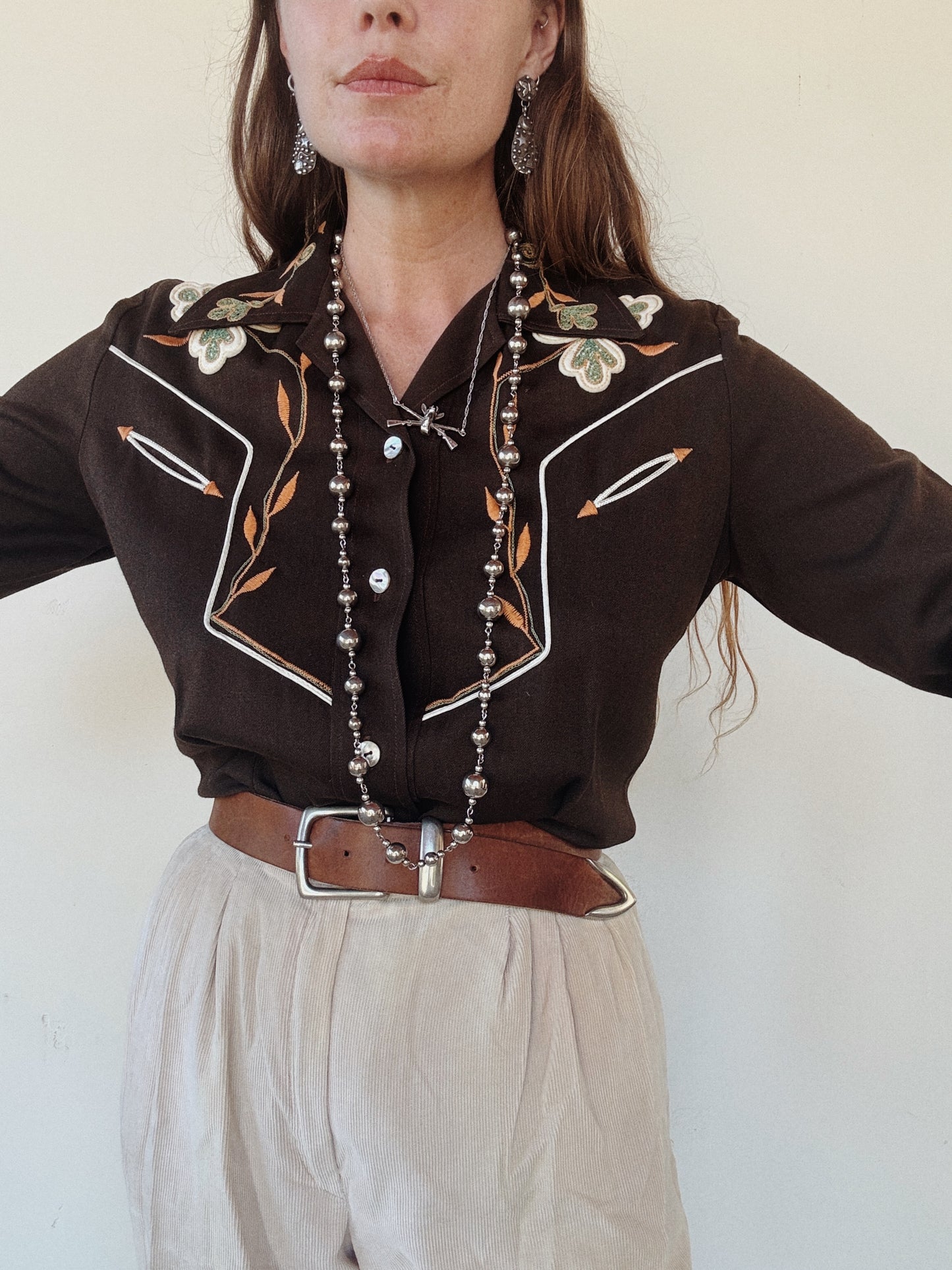 1940s/50s Chocolate Western Blouse w/ Orange + Mint Chain Stitching- M