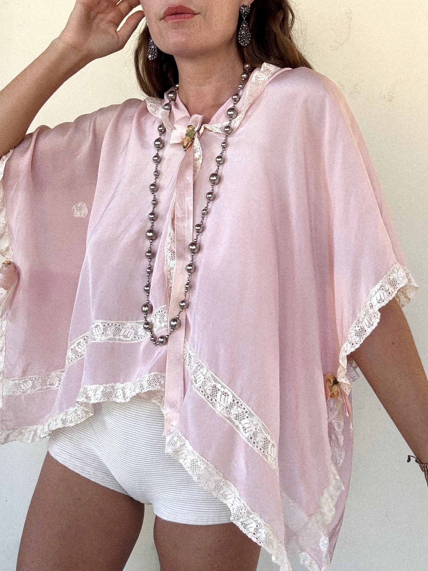 Edwardian Pink Silk + Lace Tabard Bed Jacket- S-L