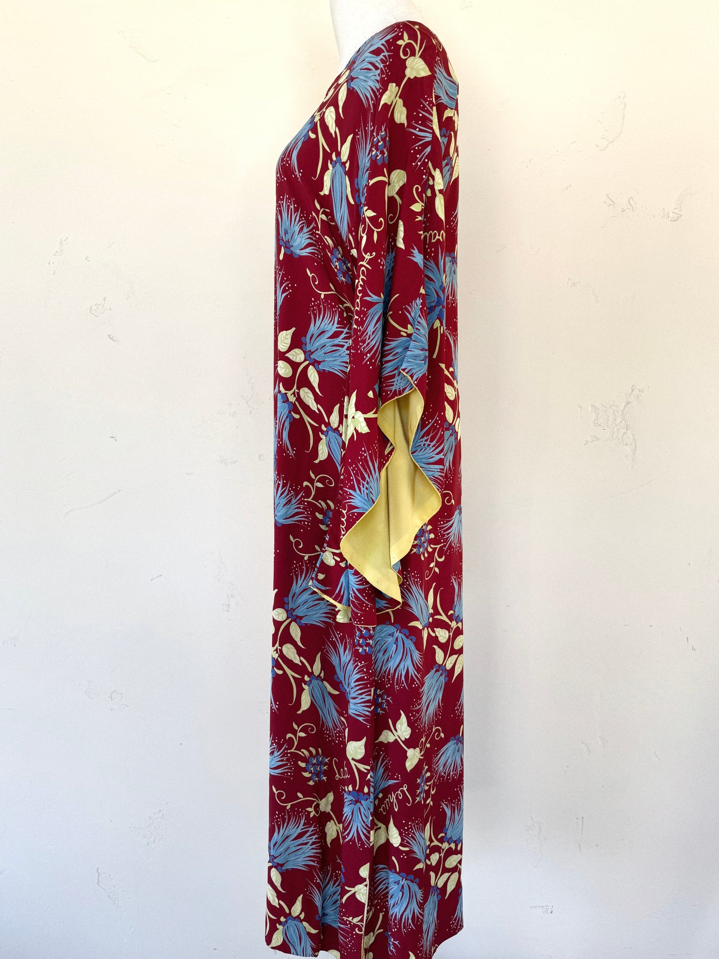 1940s Burgundy + Chartreuse Rayon Hawaiian Dress w/ Angel Sleeves- M