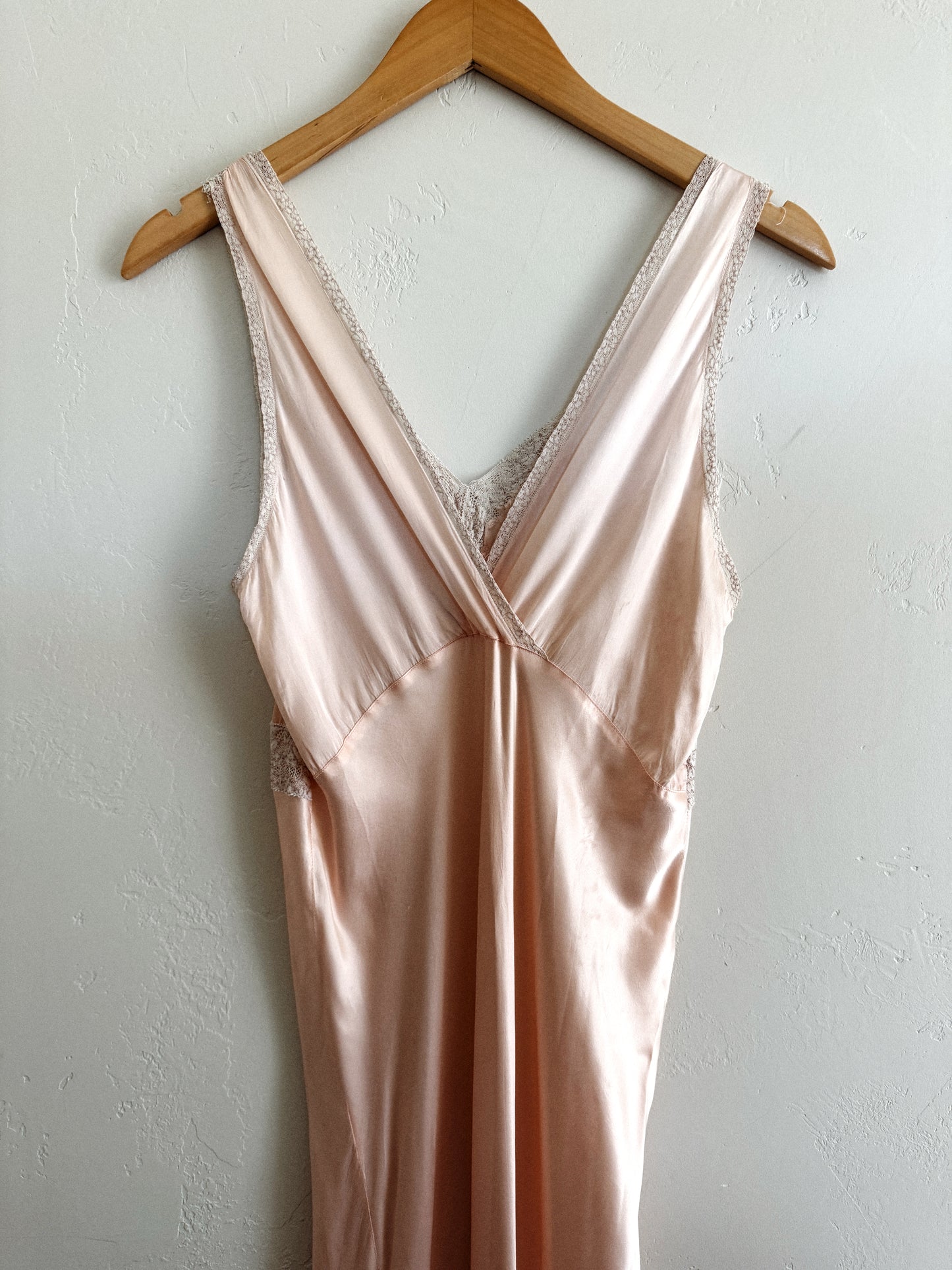 1930s Blush Pink Rayon Chiffon + Lace Slip Dress- S/M