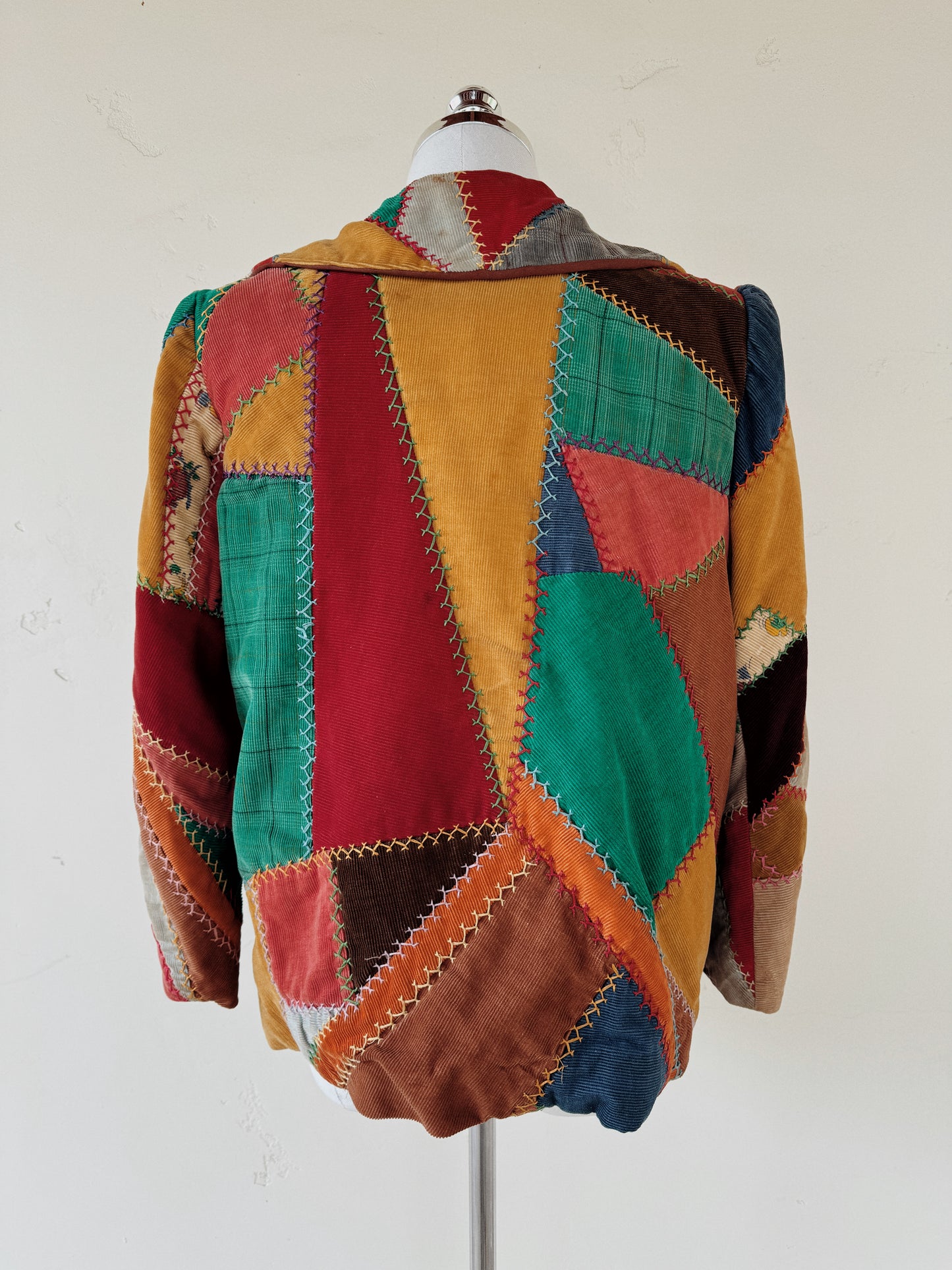 1940s Corduroy Crazy Quilt Jacket w/ Puffed Shoulders- S-M