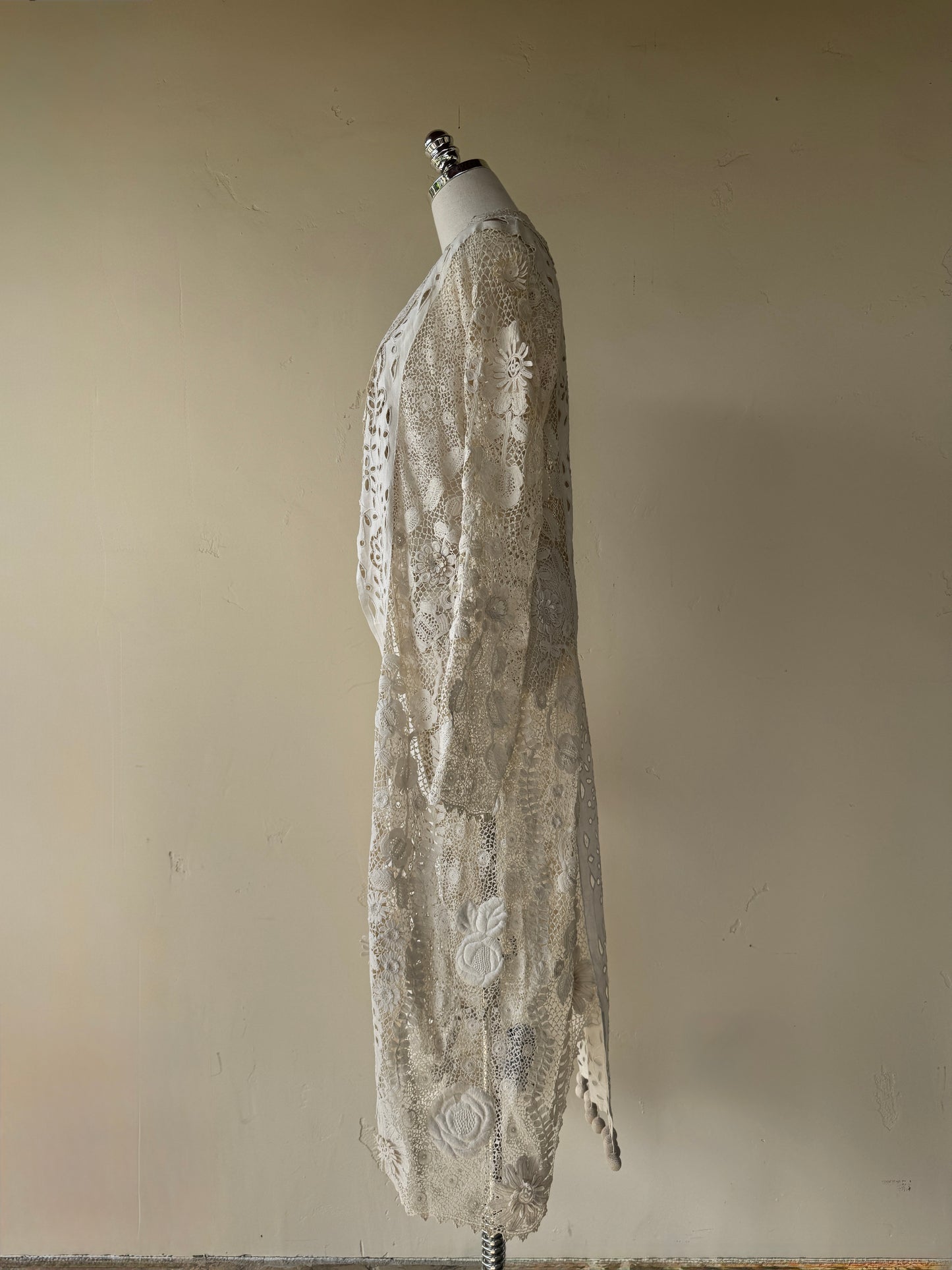 Rare Edwardian Irish Crochet Duster Coat w/ Pom Poms- M
