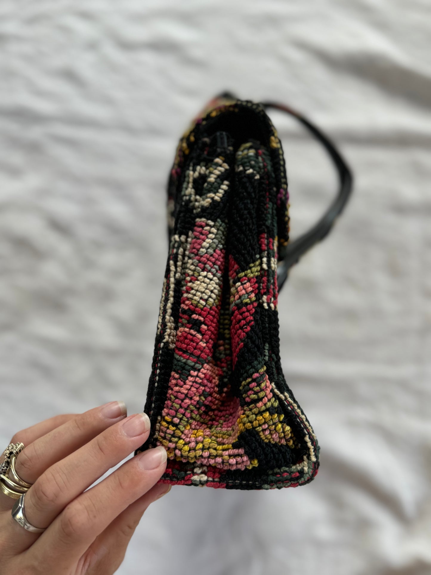 1950s/60s Large Black Floral Needlepoint Handbag