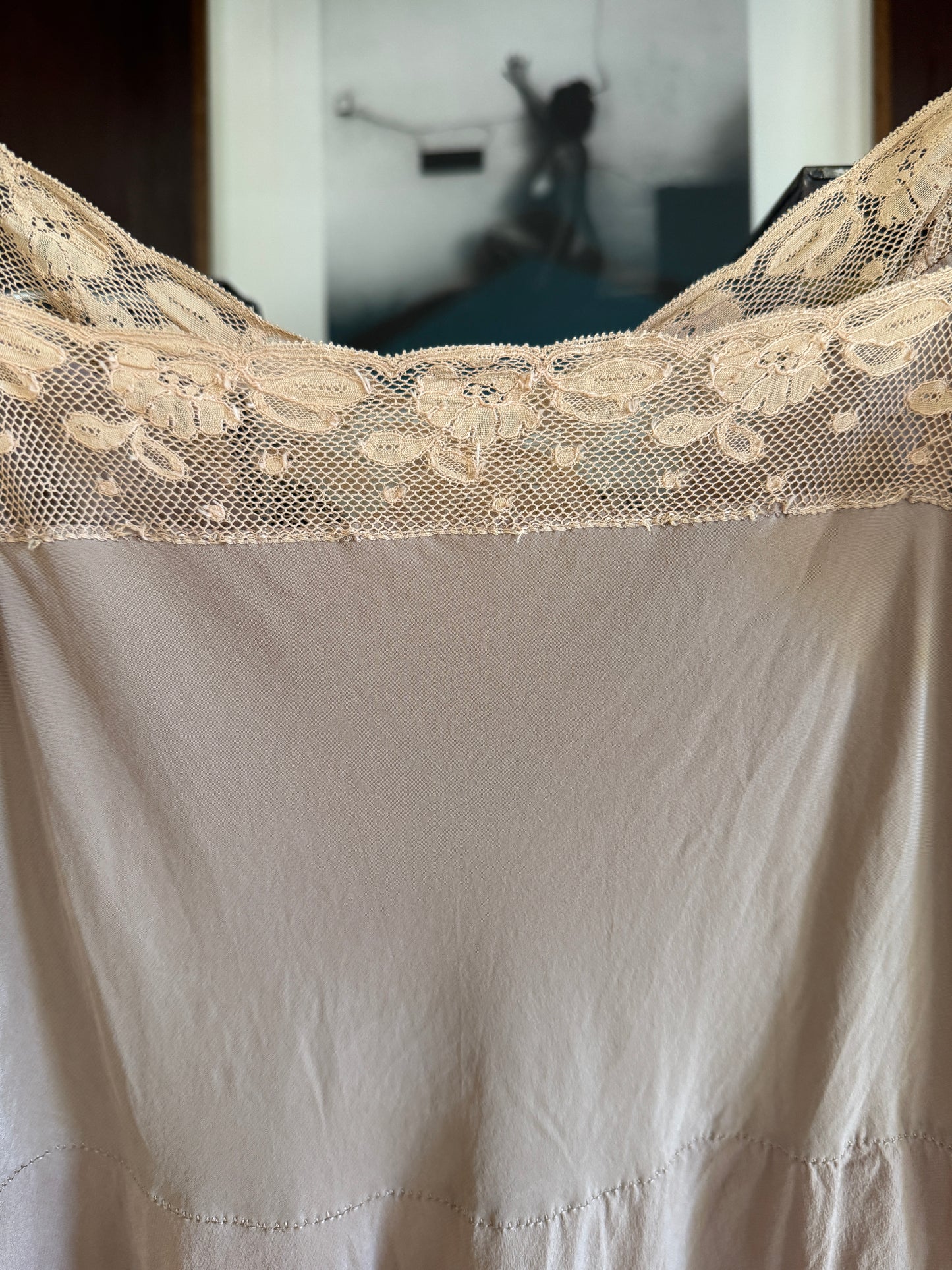 1930s Creamy Mocha Silk Slip Dress w/ Lace + Foliage Appliqué- S