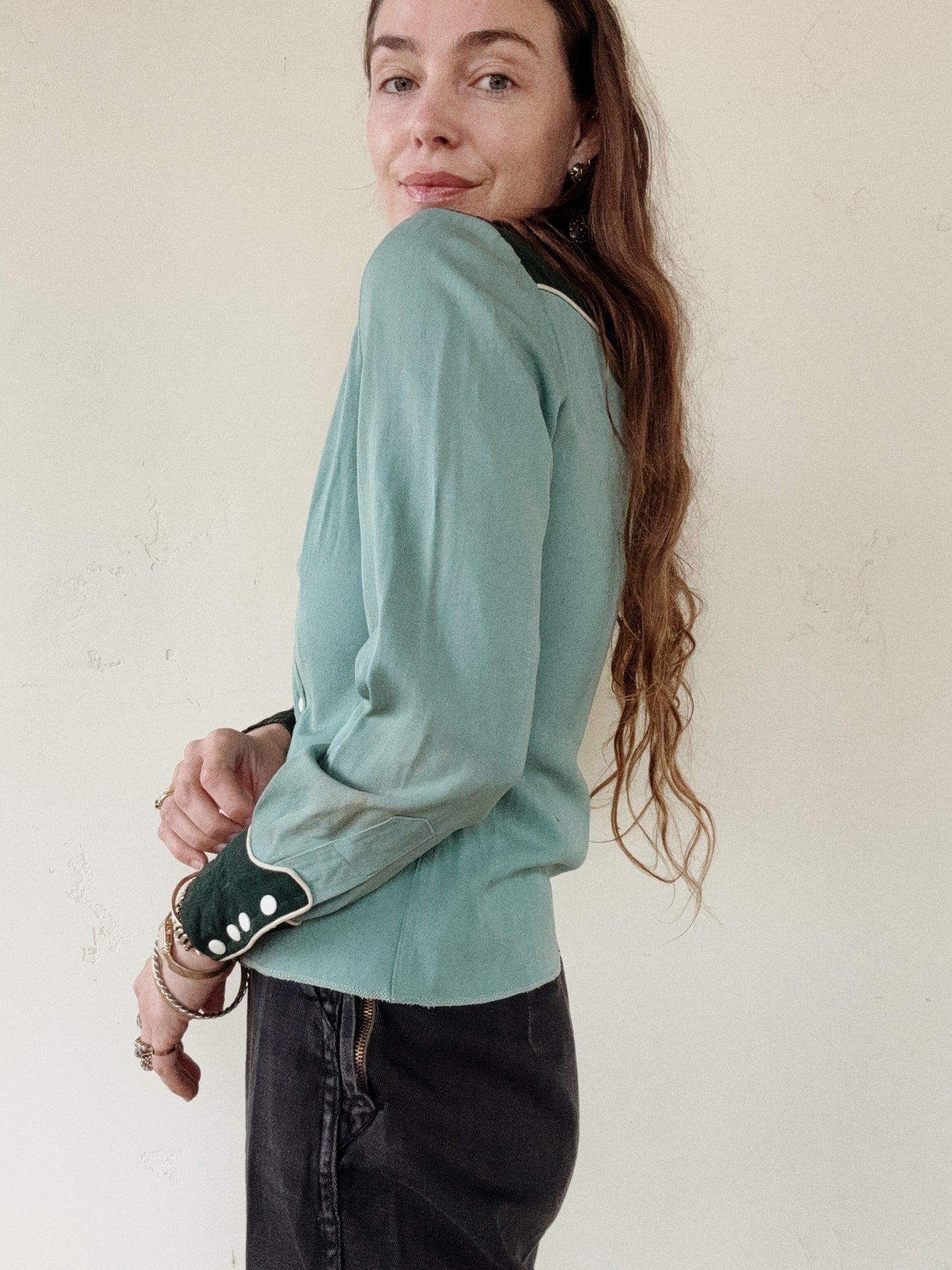 1950s Emerald + Sage Gabardine Western Top- S/M