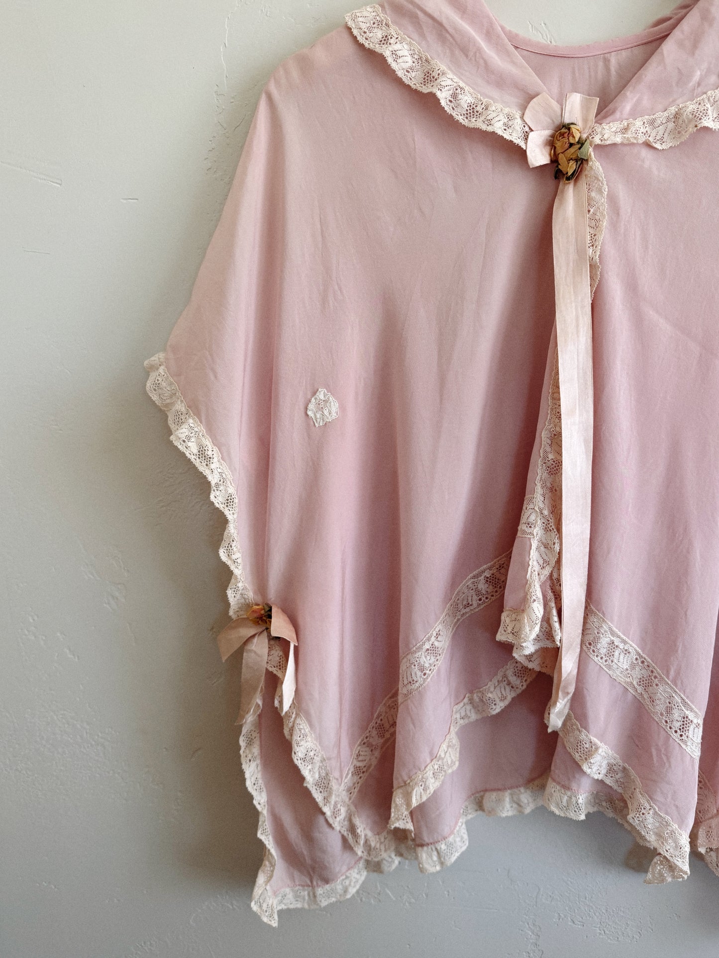 Edwardian Pink Silk + Lace Tabard Bed Jacket- S-L