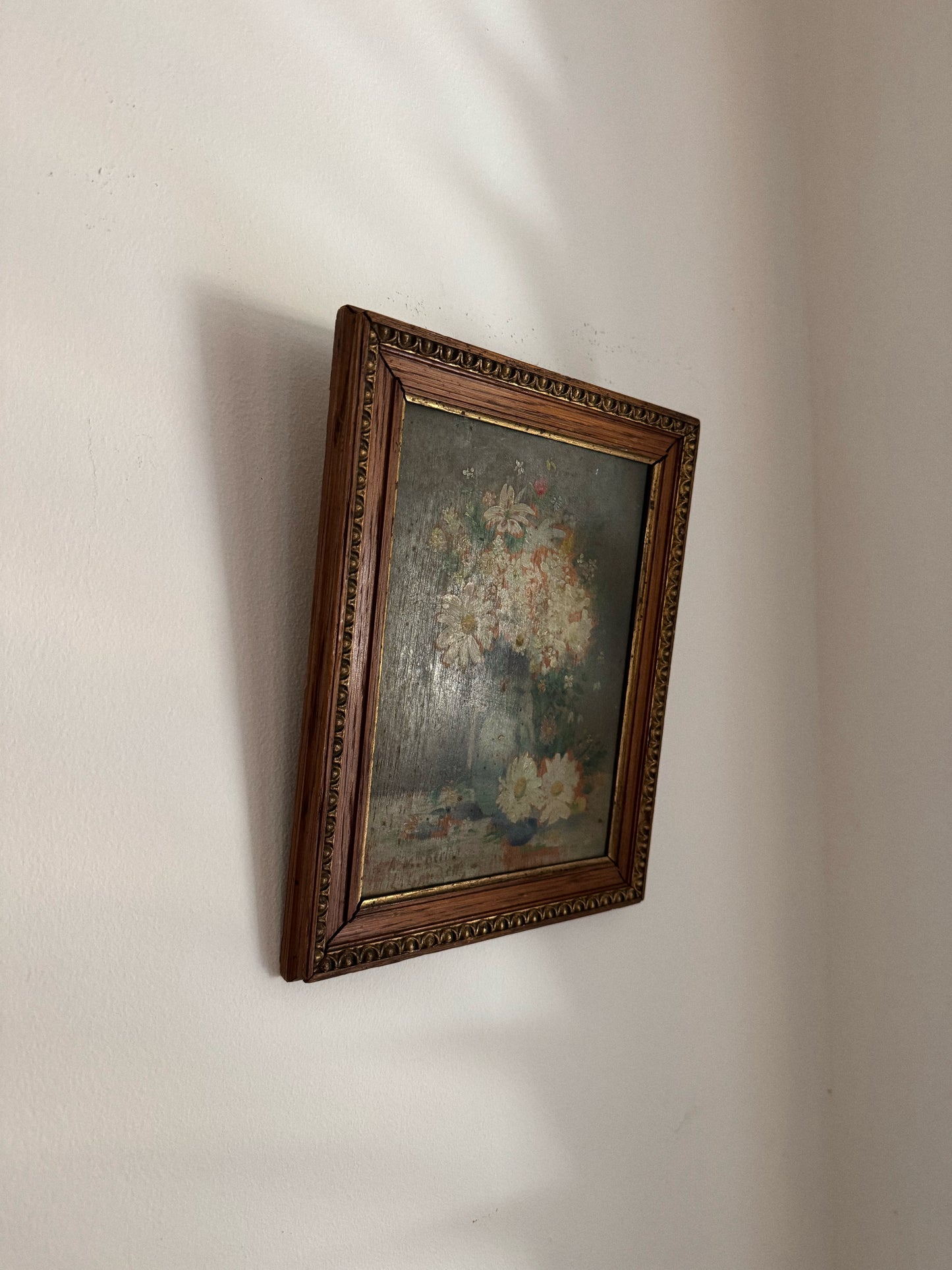Antique French Spring Daisy Still Life. Oil on Wood- 10 x 8”