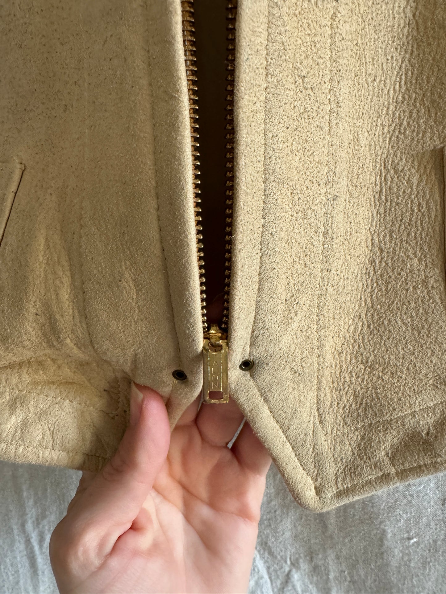 1930s Cropped Sand Suede Vest w/ Brass Talon Grommet Zip + Side Cinches- S