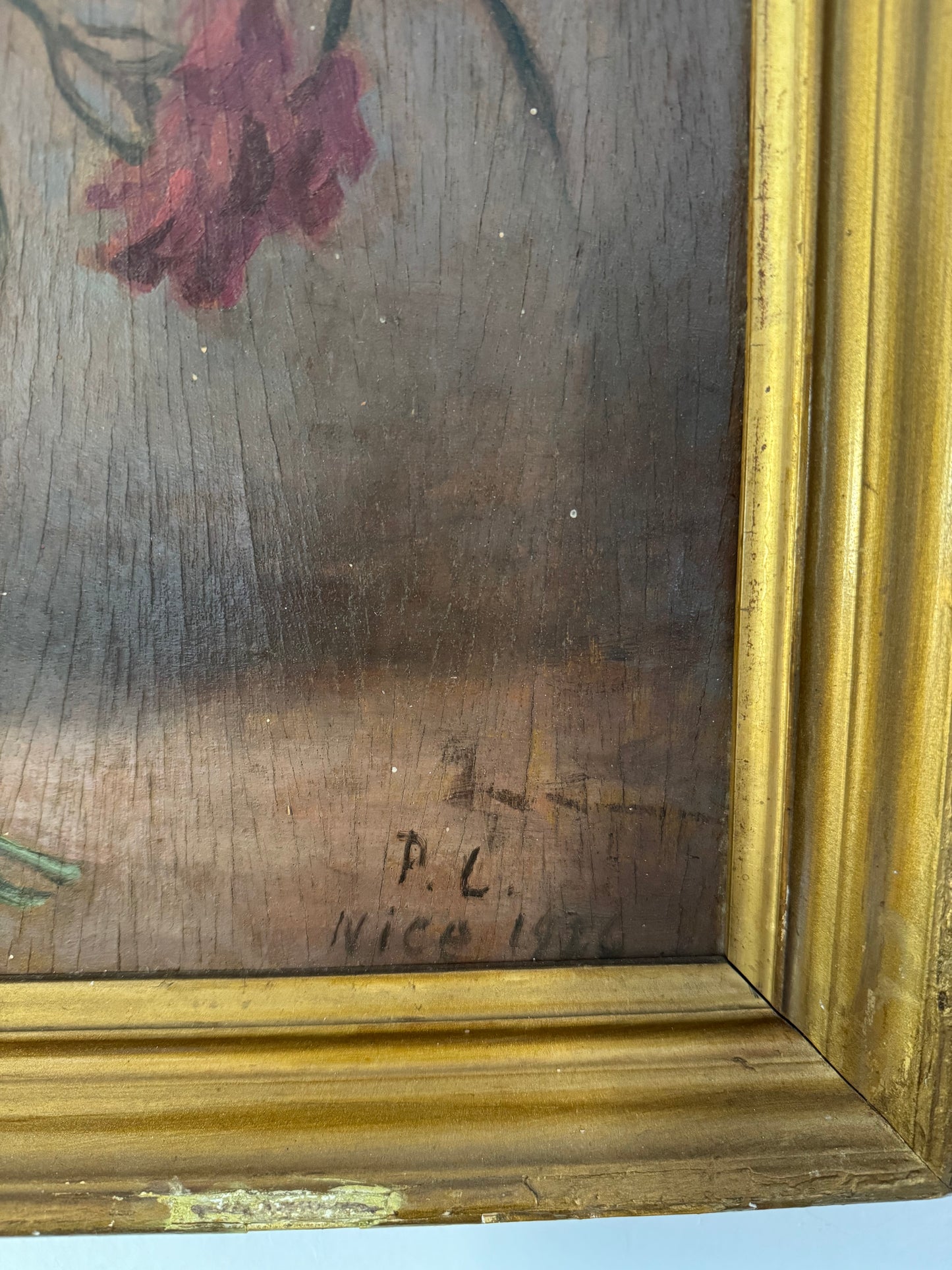 1920s Floral Still Life in Gilt Frame Oil on Wood- 18 x 16”