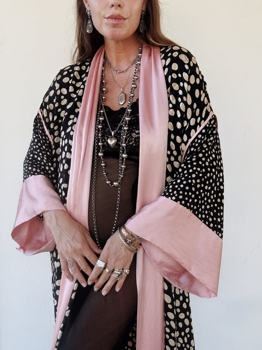1970s/80s Guy Laroche Polka Dot Silk Duster Robe w/ Pink Charmeuse Trim