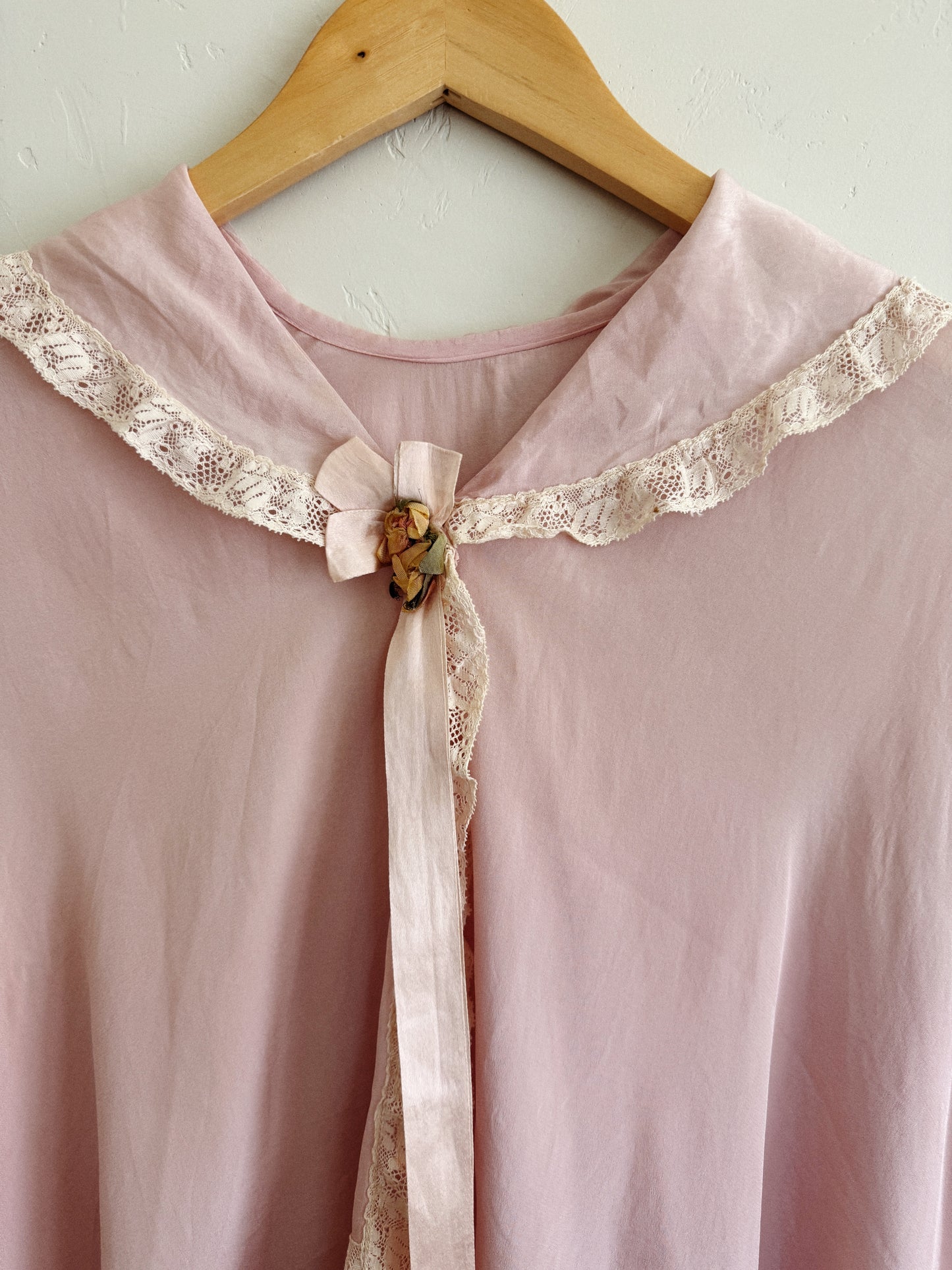 Edwardian Pink Silk + Lace Tabard Bed Jacket- S-L