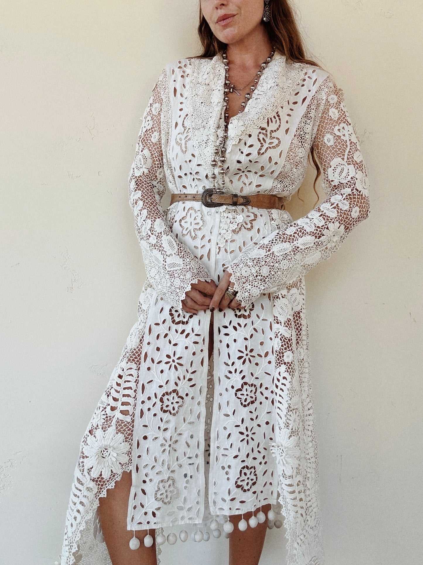 Rare Edwardian Irish Crochet Duster Coat w/ Pom Poms- M